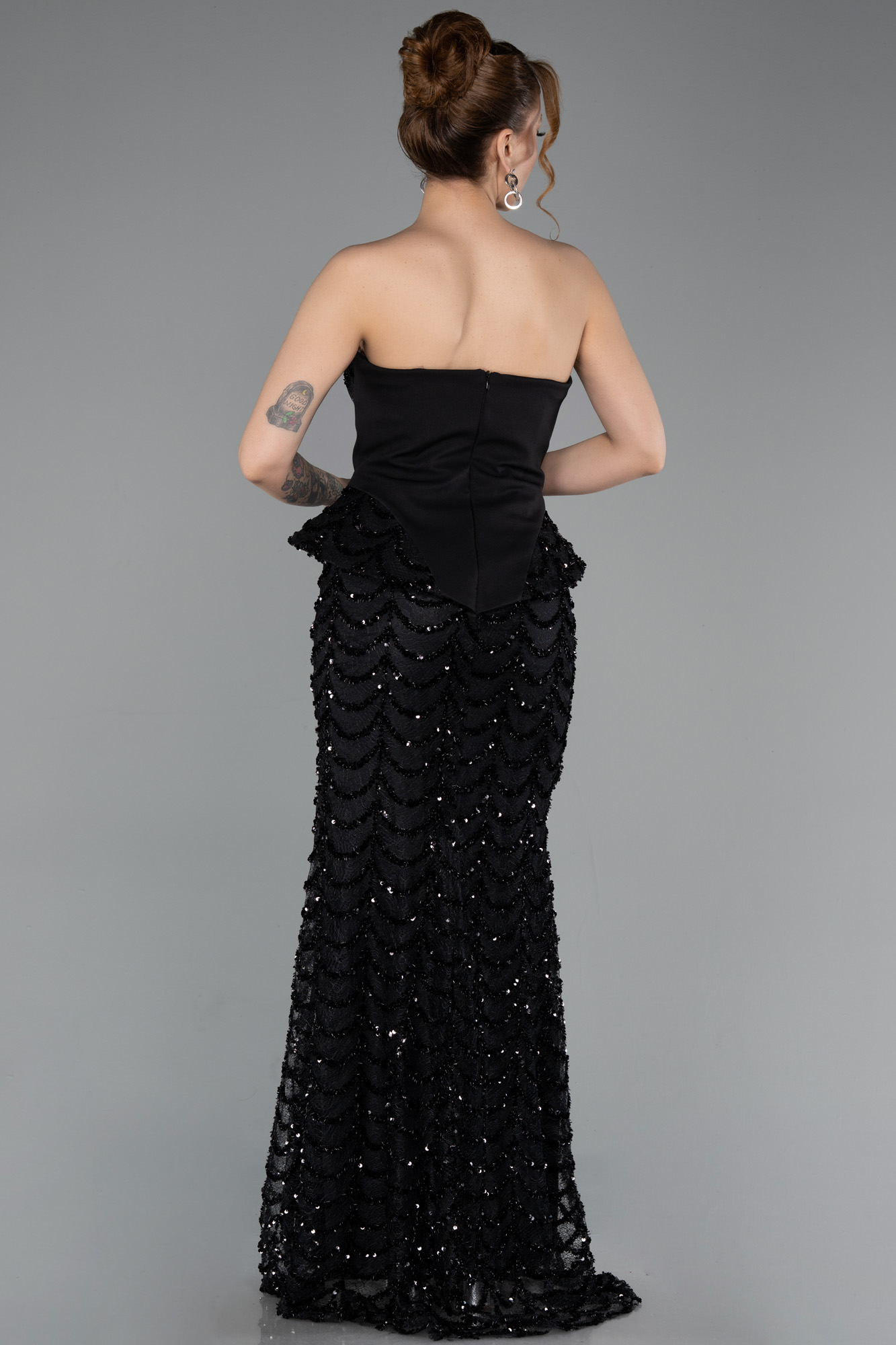Straplez Peplum Uzun Pullu Abiye Elbise ABU5919 2