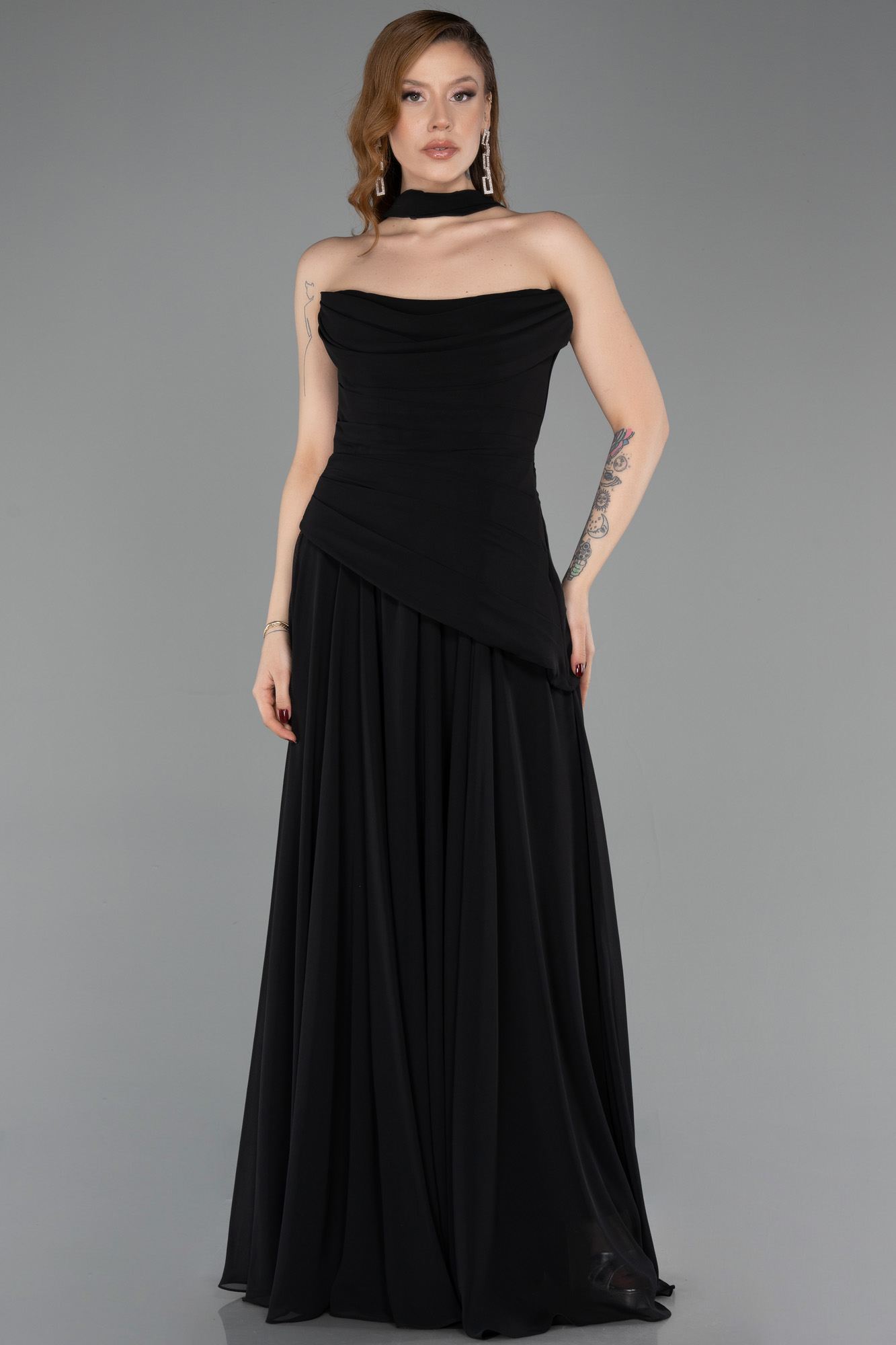 Straplez Peplum Kesim Uzun Şifon Abiye Elbise ABU5763