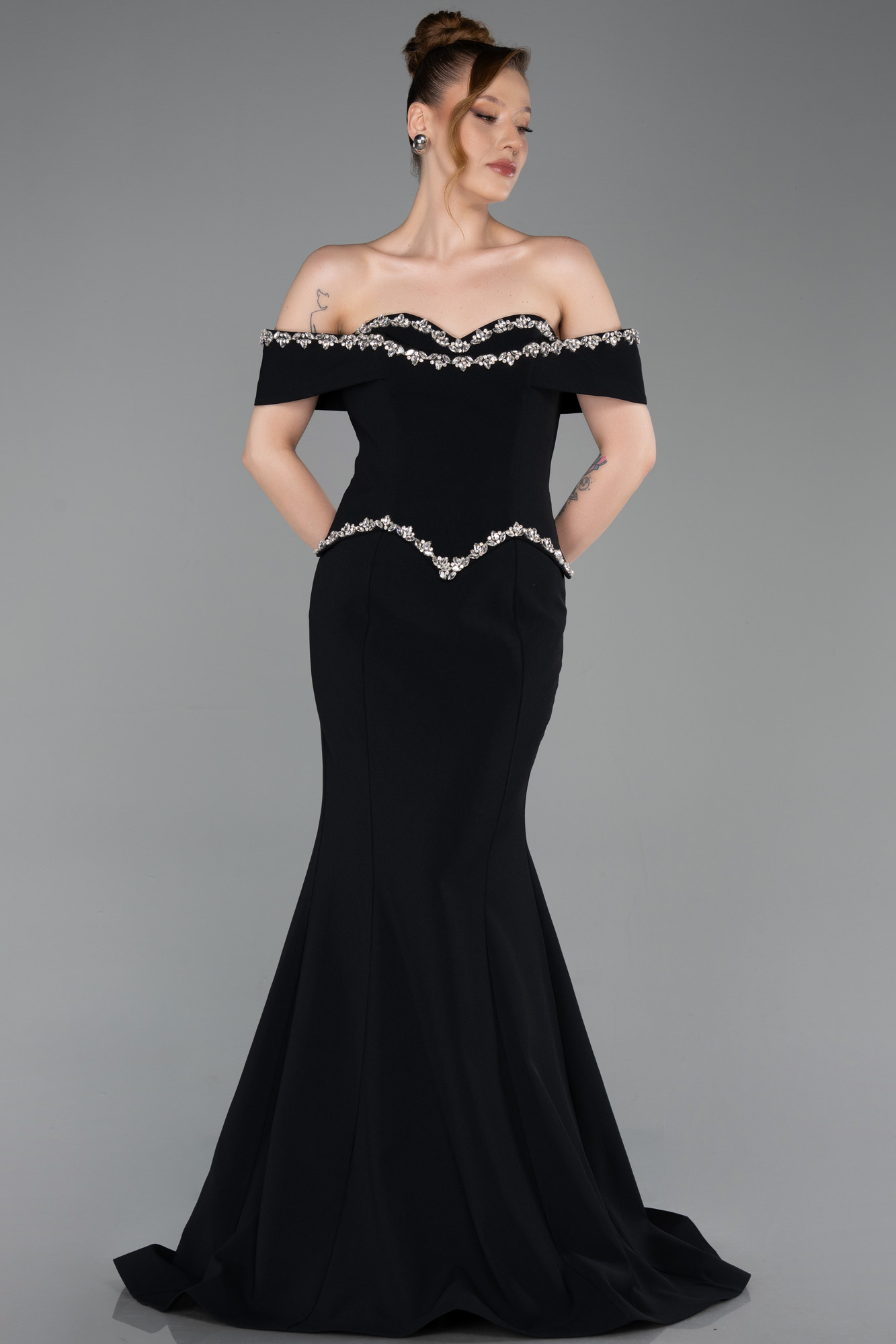 Taş İşlemeli Peplum Uzun Balık Abiye Elbise ABU6198