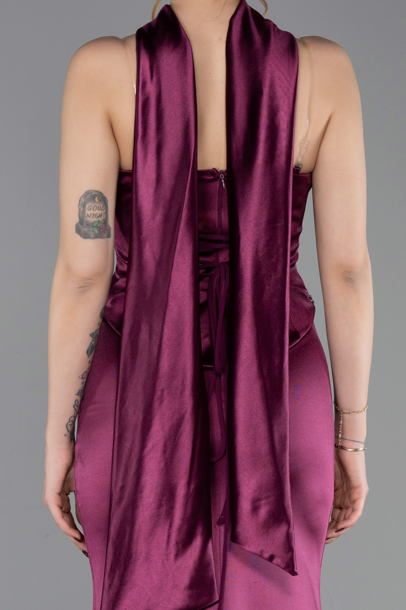 Taşlı Straplez Peplum Uzun Saten Mezuniyet Elbise ABU6079 4