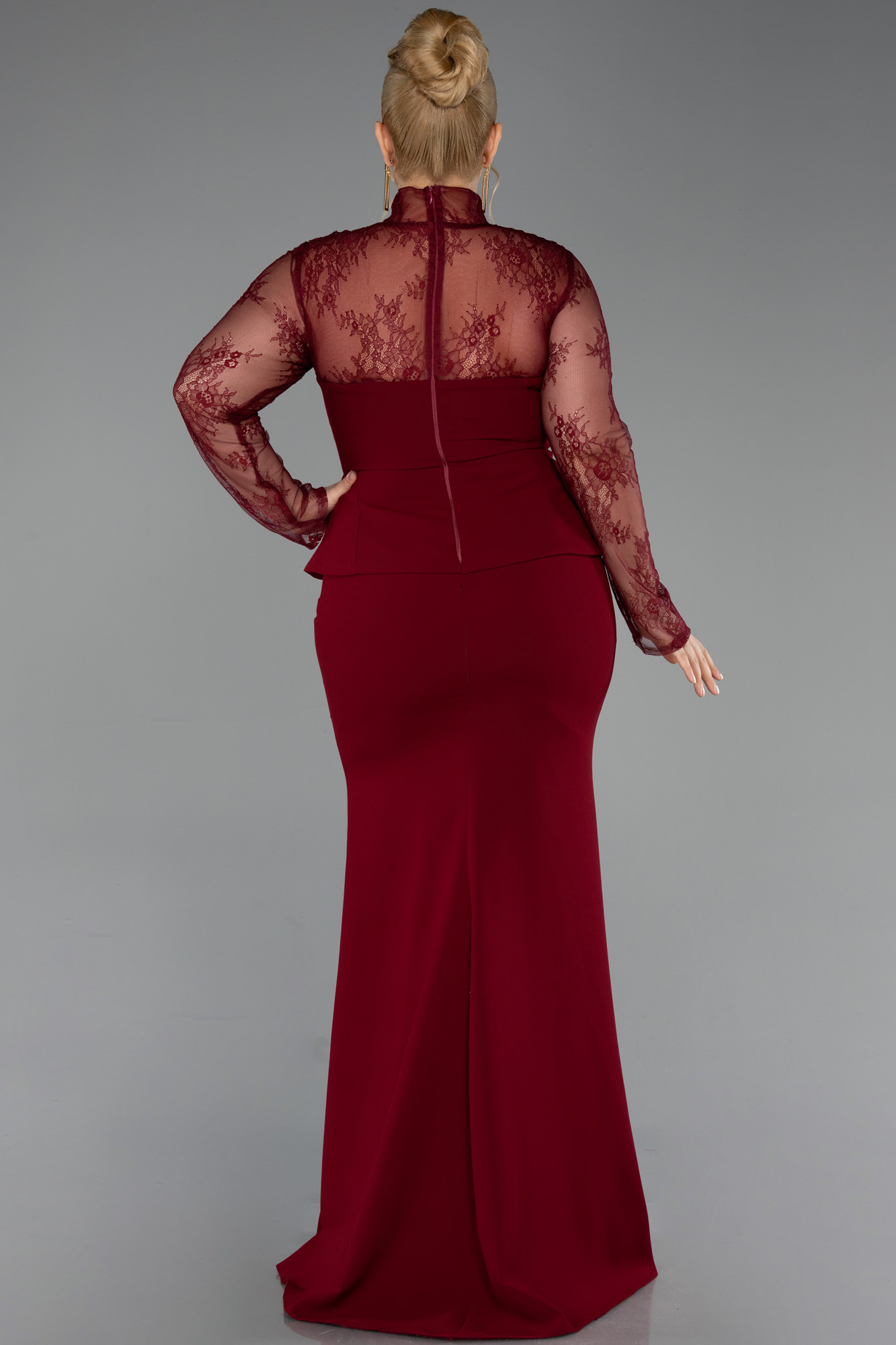 Dantelli Uzun Kol Peplum Büyük Beden Abiye ABU6195 2