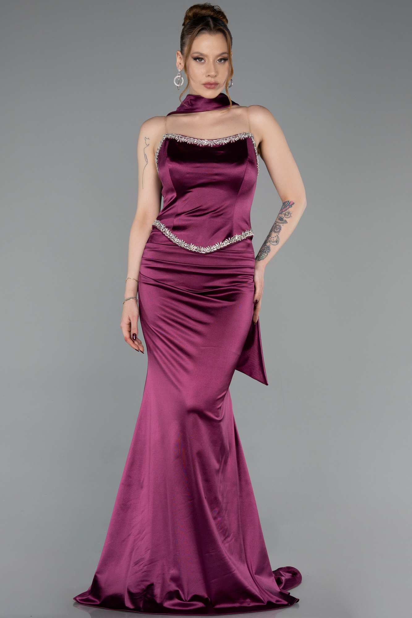 Taşlı Straplez Peplum Uzun Saten Mezuniyet Elbise ABU6079