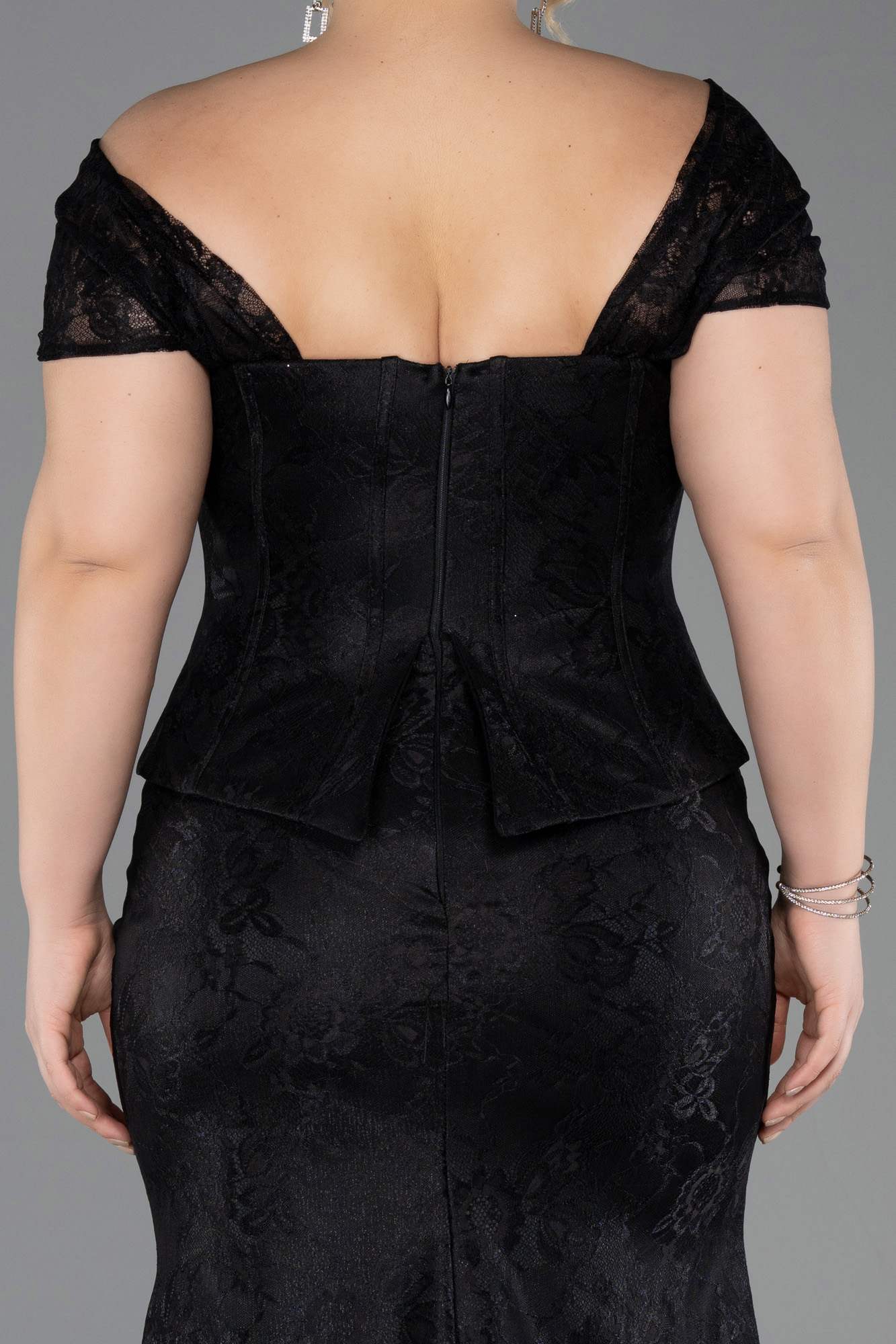 Kayık Yaka Peplum Uzun Dantel Büyük Beden Abiye ABU5824 4