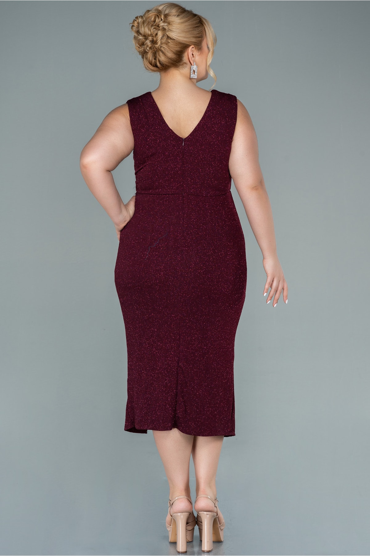 Bordo Kruvaze Yaka Kolsuz Midi Simli Büyük Beden Abiye Abk1492 2