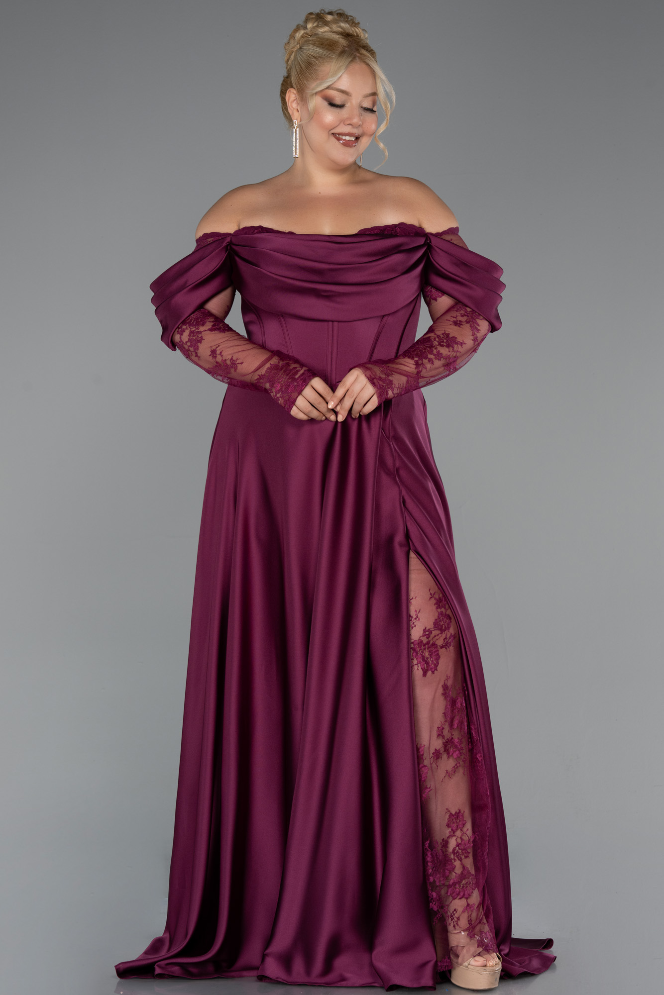 Dantel Uzun Kol Kayık Yaka Saten Büyük Beden Abiye ABU5261 3