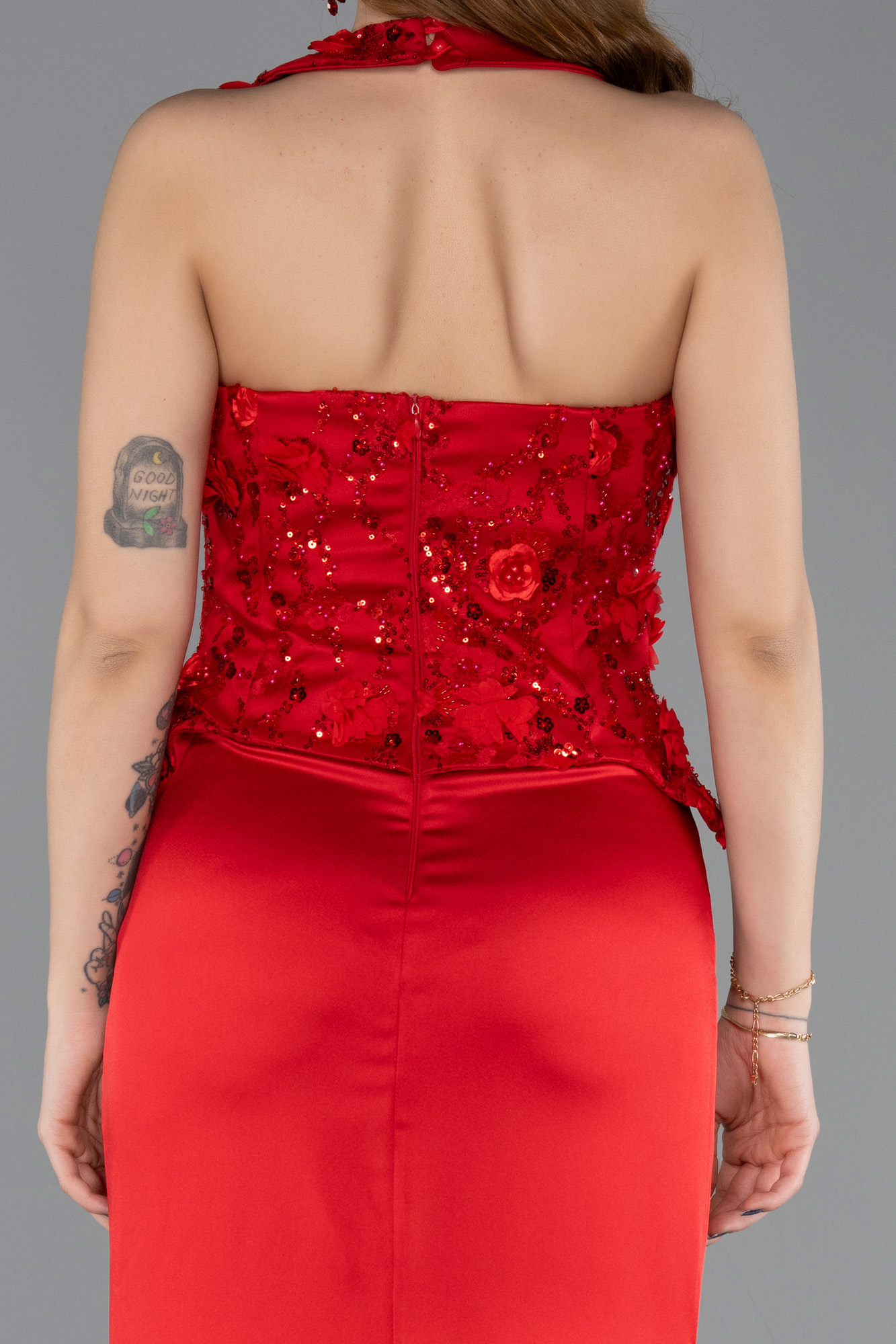Halter Yaka Taşlı Peplum Kesim Uzun Saten Abiye ABU5601 4