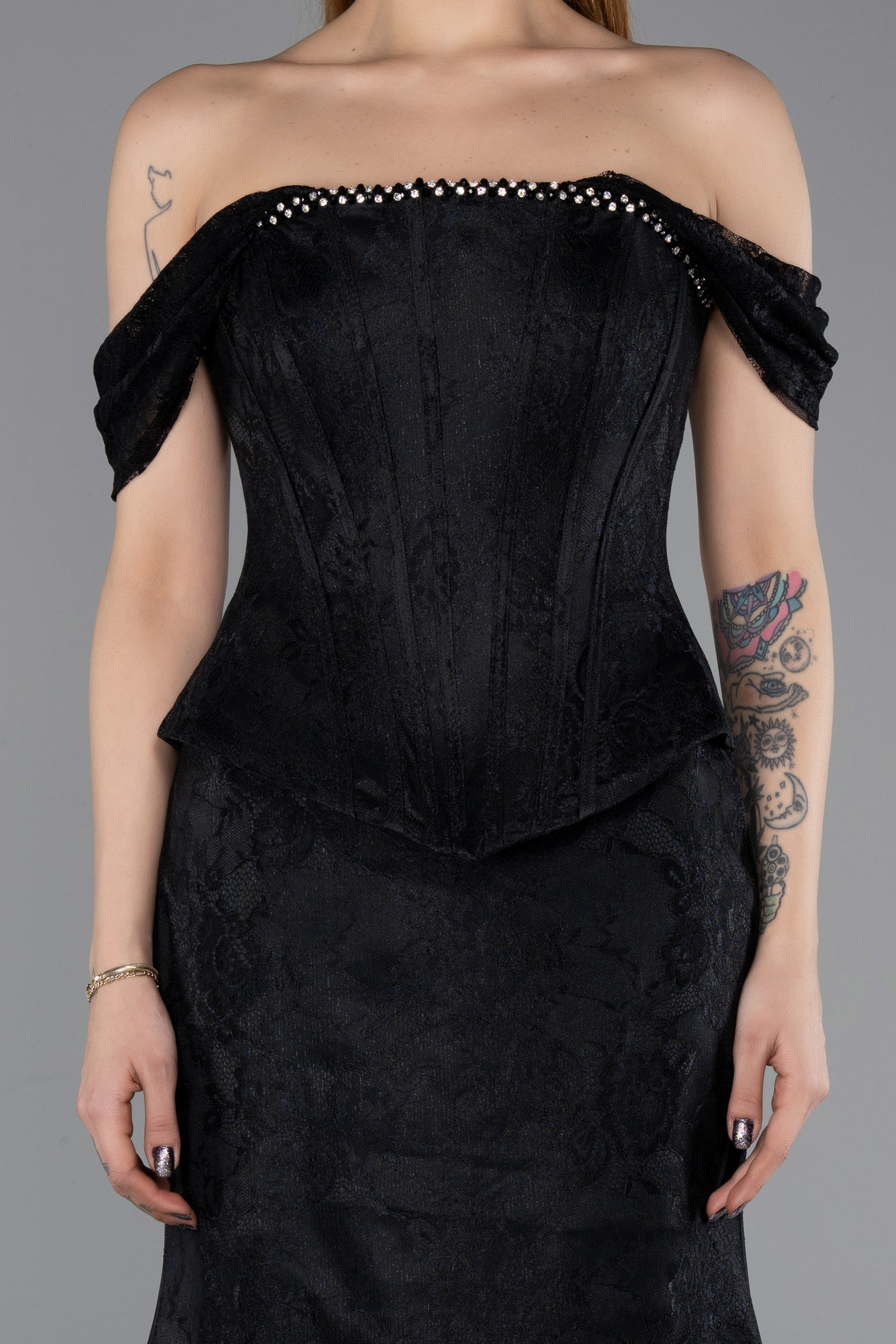 Kayık Yaka Peplum Kesim Uzun Dantel Abiye Elbise ABU5609 3