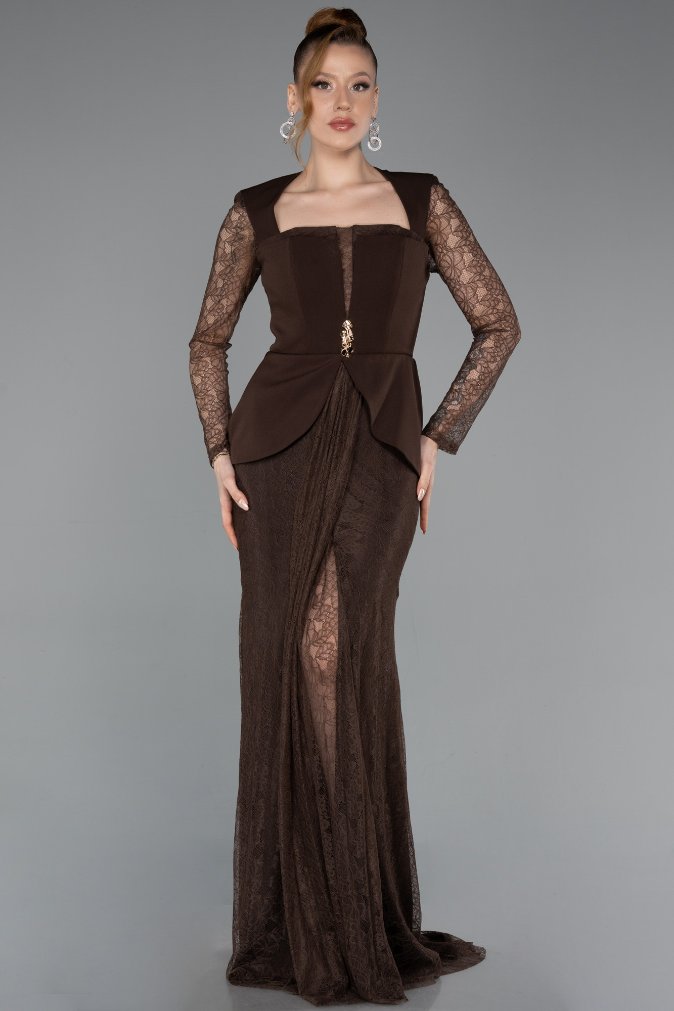 Dantelli Uzun Kol Peplum Kesim Abiye Elbise ABU6014