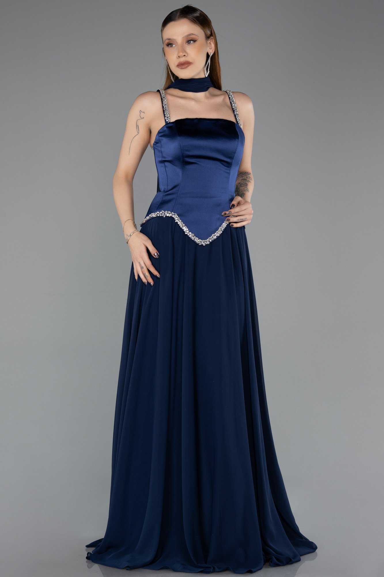 Taşlı Askılı Saten Peplum Şallı Uzun Şifon Abiye ABU5619
