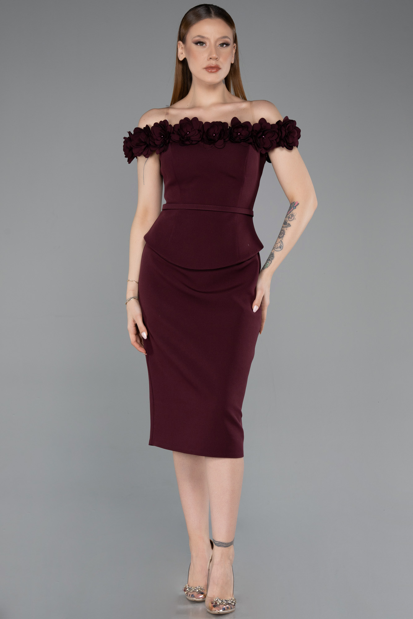 Çiçekli Kayık Yaka Peplum Midi Kalem Abiye Elbise ABK2583 2