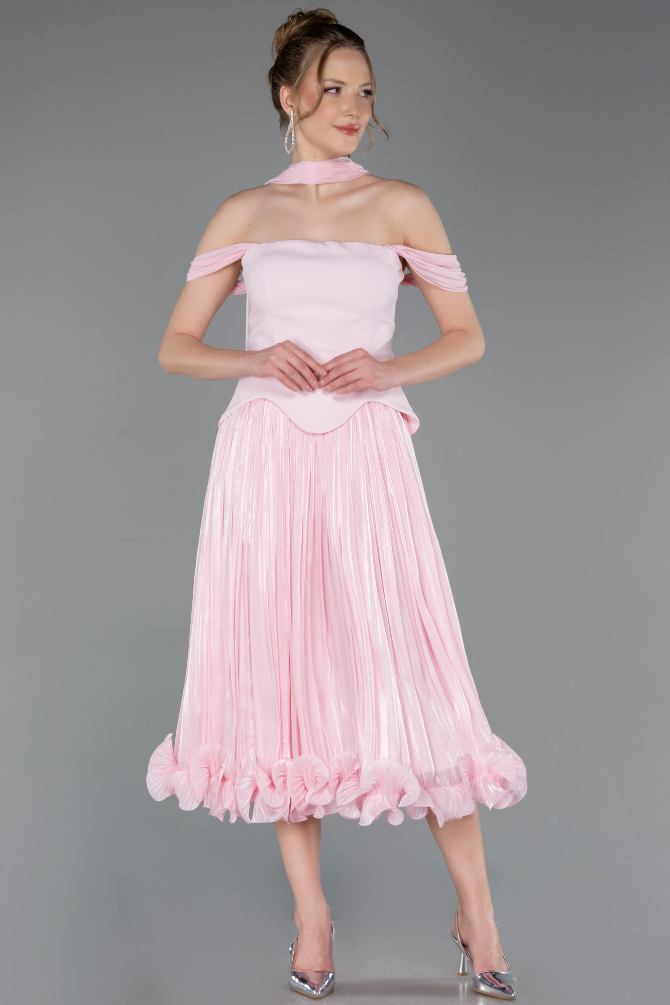 Omuz Dekolteli Peplum Midi Şifon Davet Elbisesi ABK2619 4