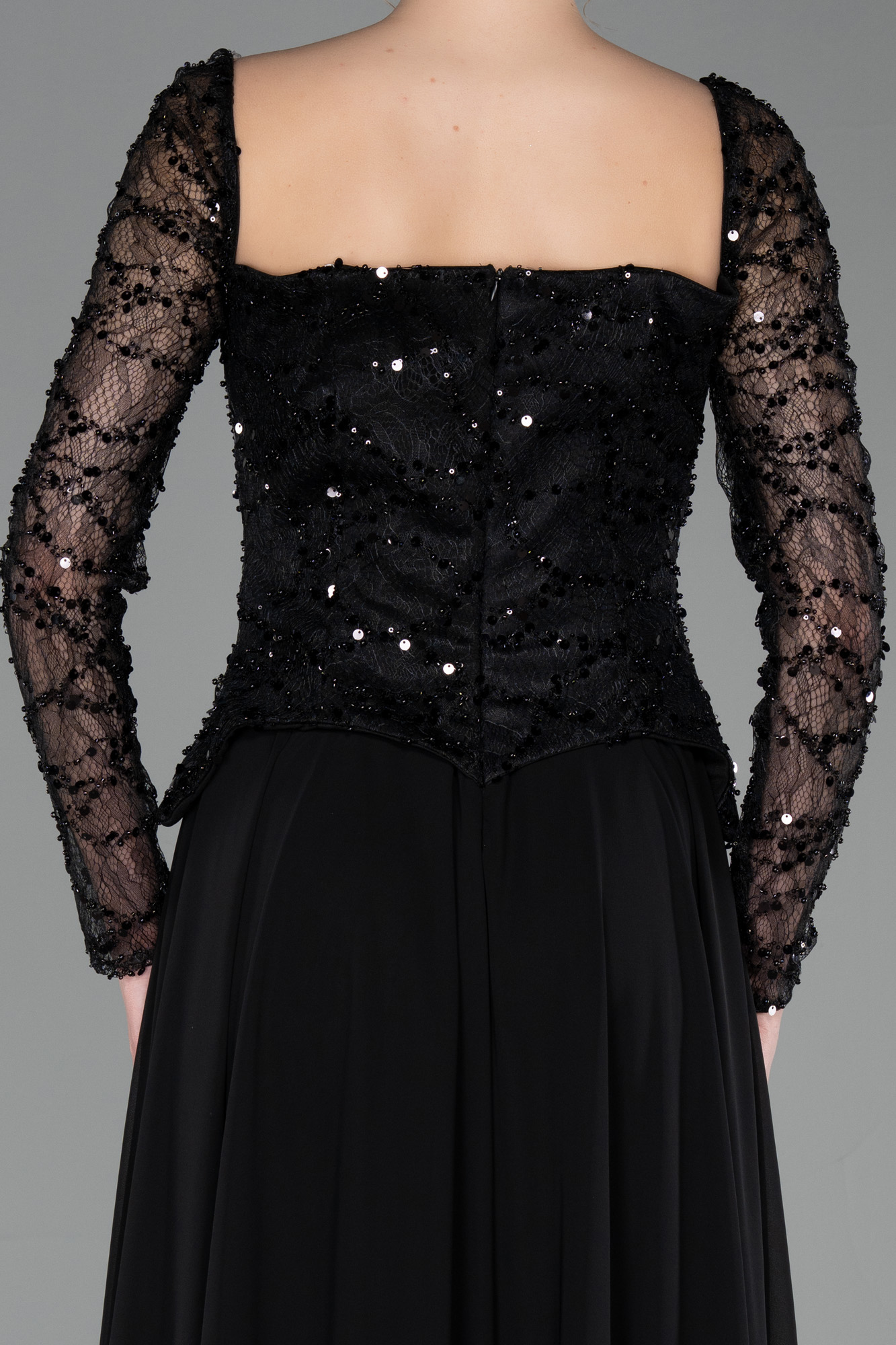 Pullu Kare Yaka Uzun Kol Peplum Şifon Abiye ABU6157 4