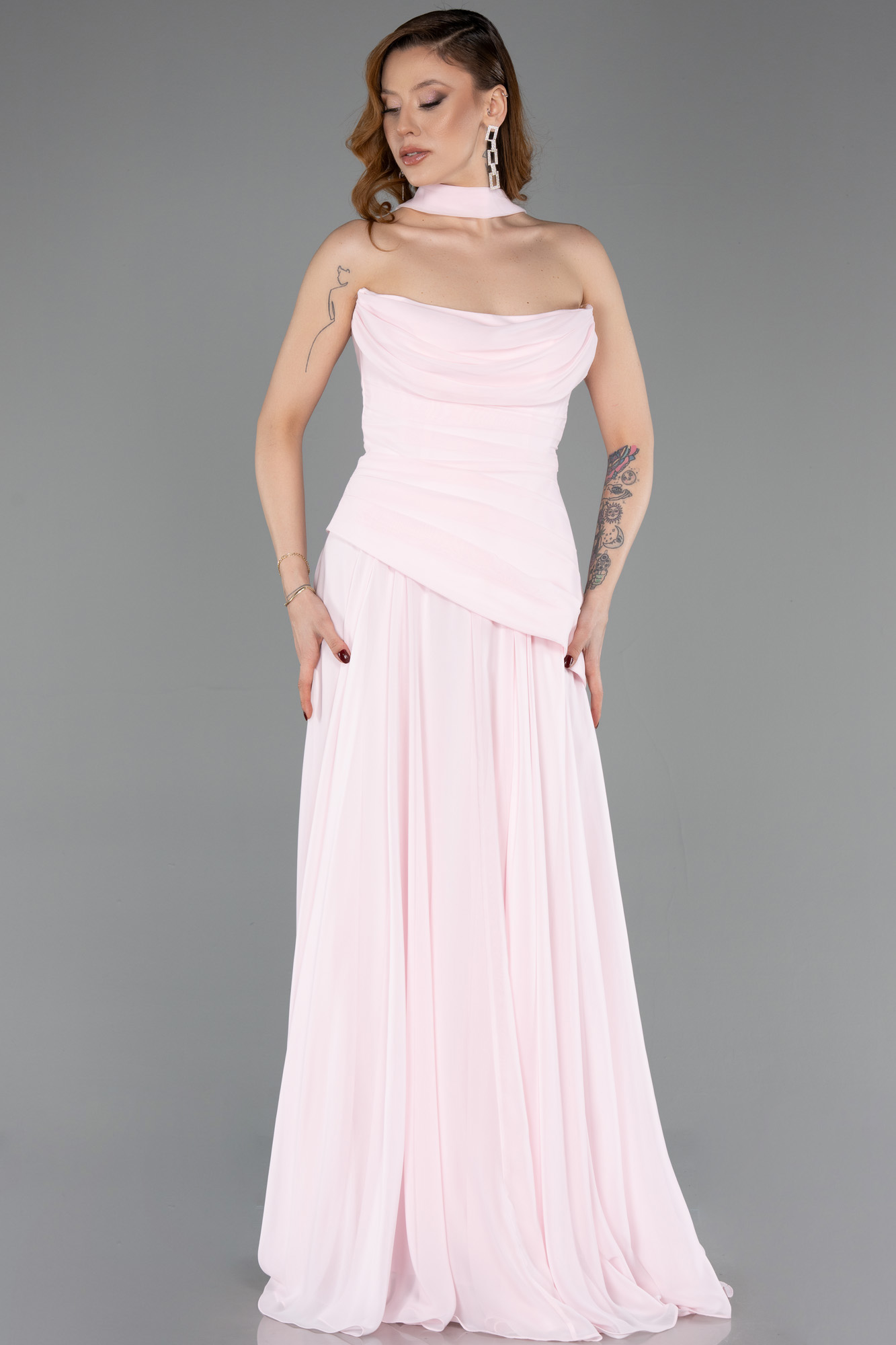 Straplez Peplum Kesim Uzun Şifon Abiye Elbise ABU5763 3