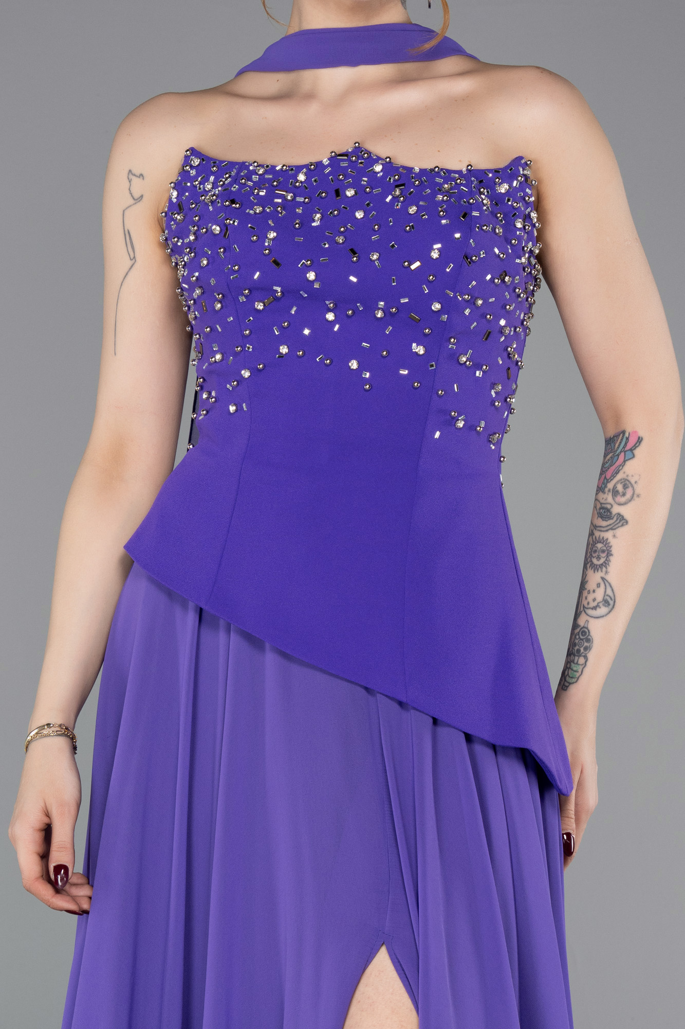 Taşlı Straplez Peplum Yırtmaçlı Uzun Şifon Abiye ABU6018 3