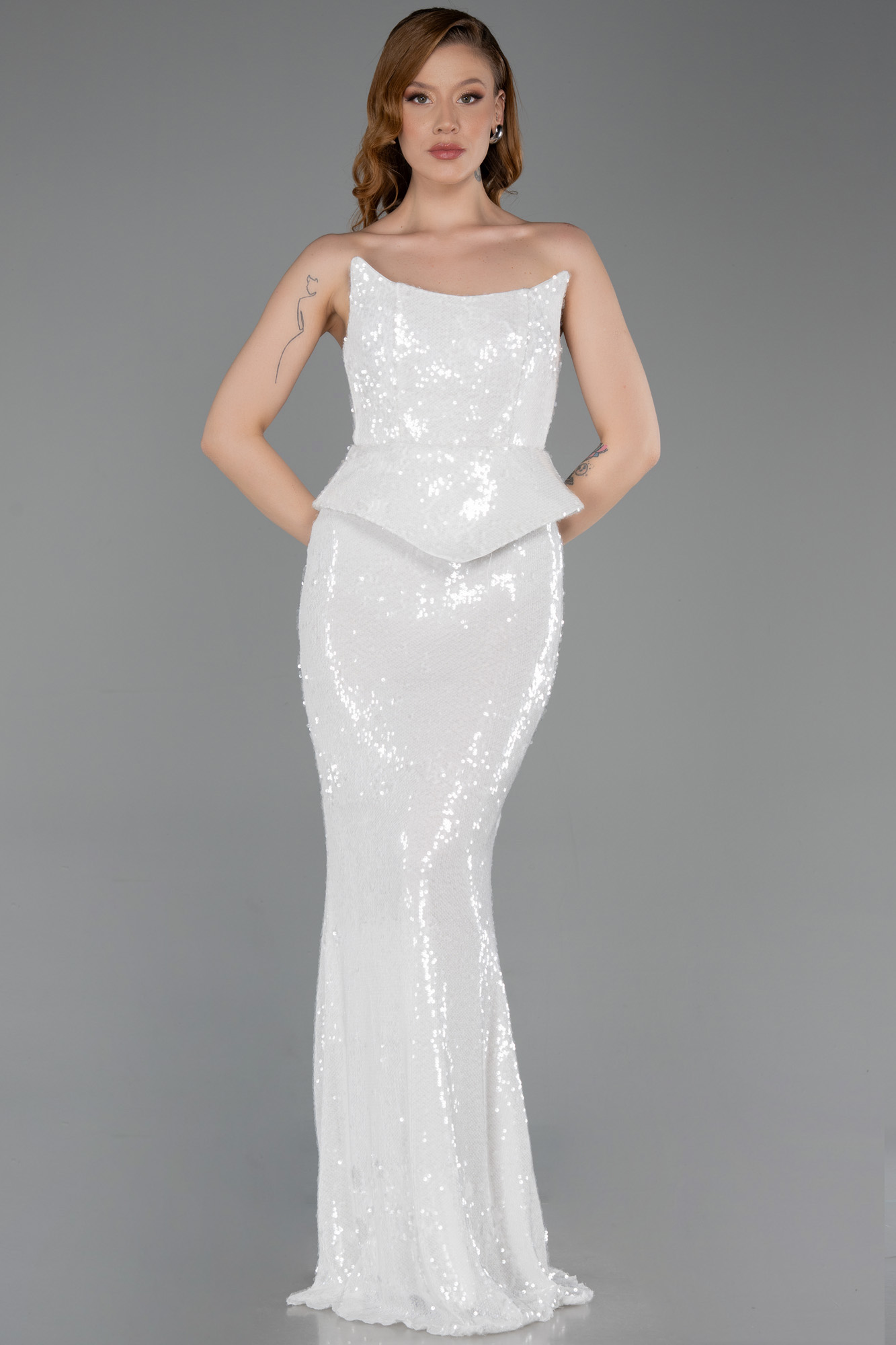 Straplez Yaka Peplum Kesim Uzun Pul Payet Abiye ABU5721 4