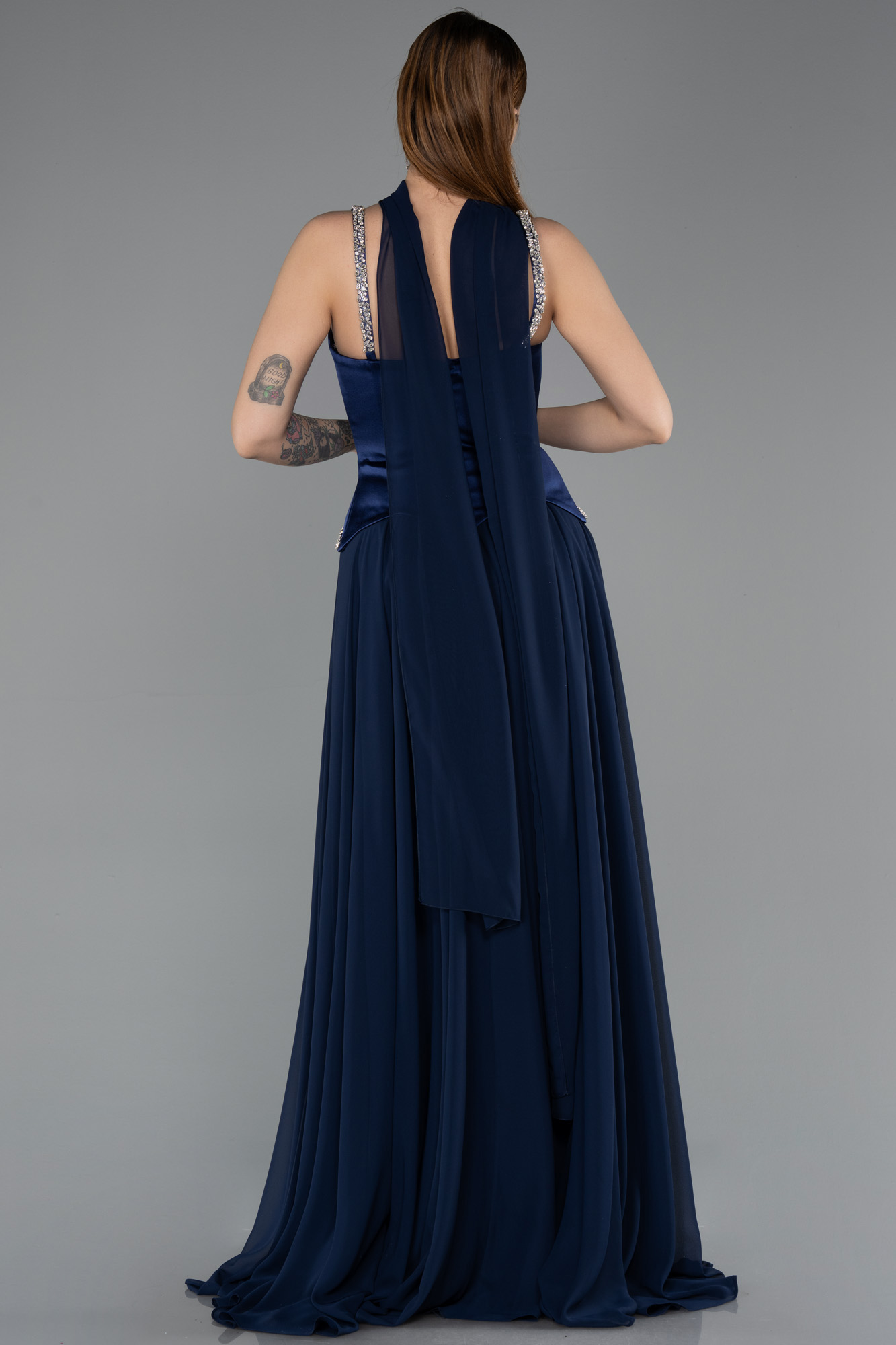 Taşlı Askılı Saten Peplum Şallı Uzun Şifon Abiye ABU5619 2