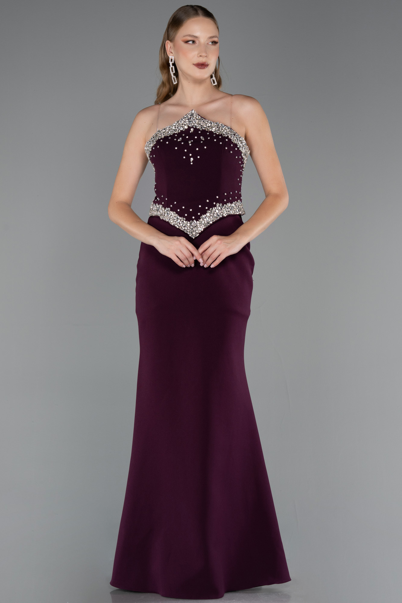 Taşlı Straplez Yaka Peplum Uzun Balık Abiye Elbise ABU5866 2