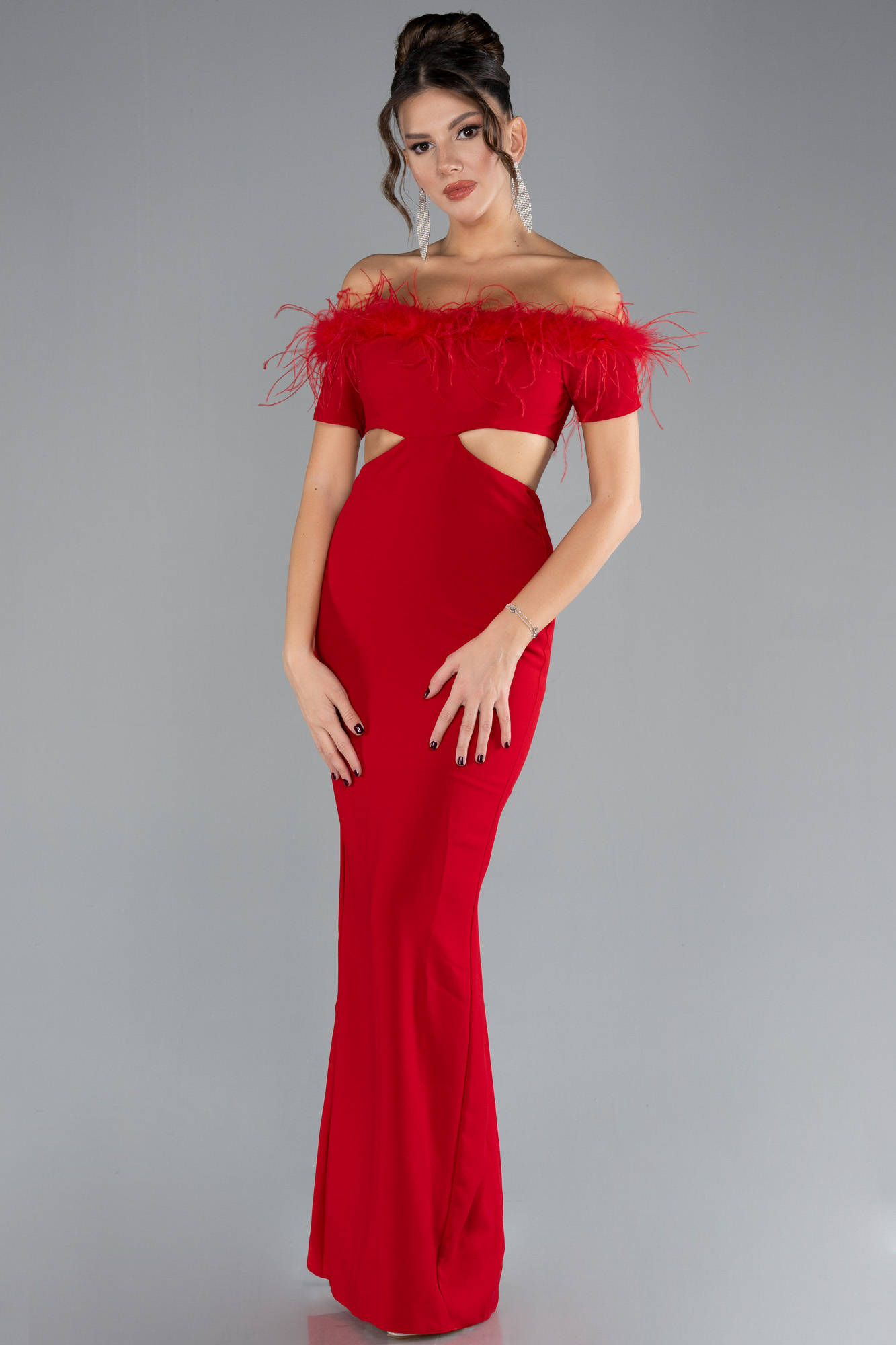Kayık Yaka Cut Out Detay Abiye Elbise ABU3602