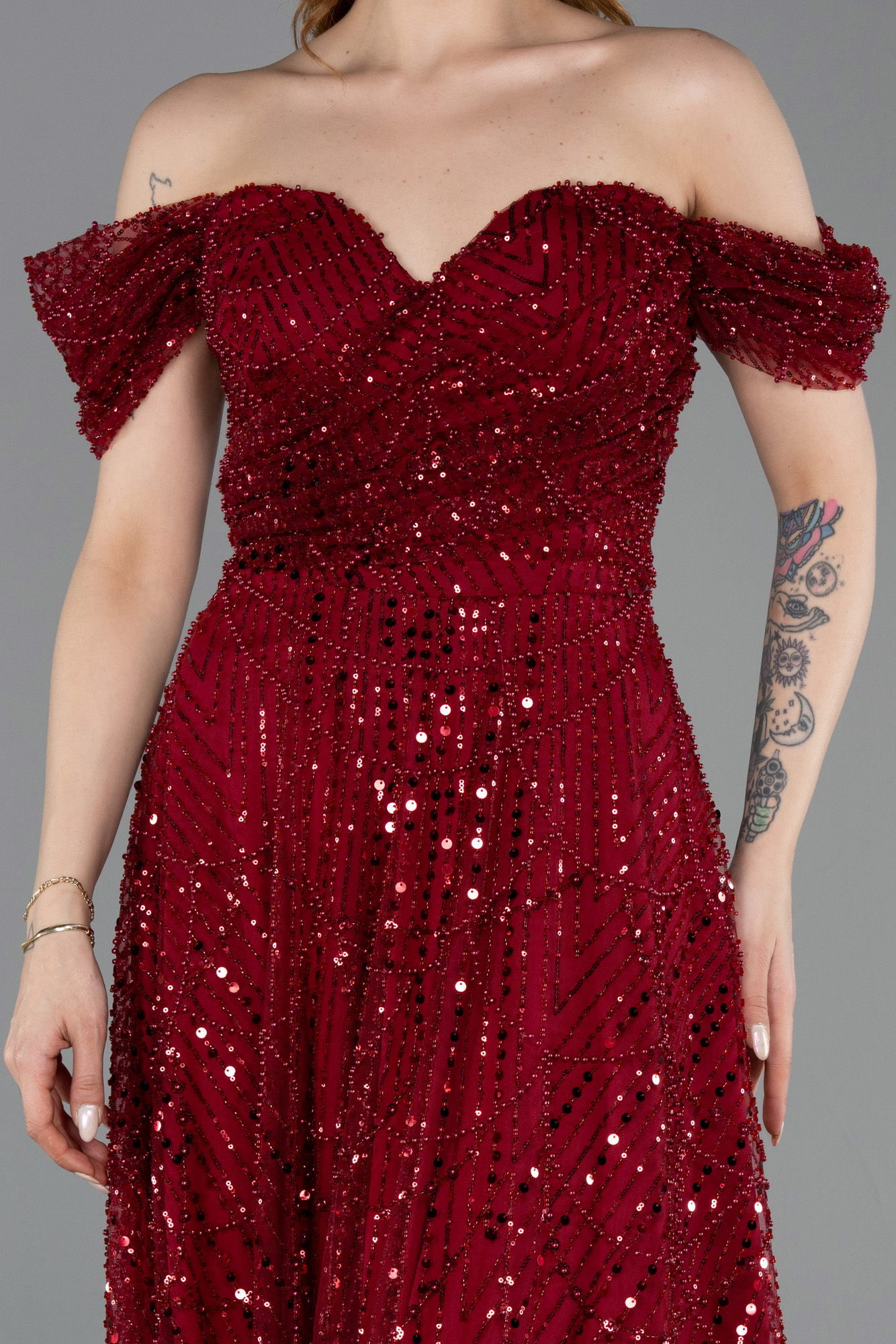 Kayık Yaka Midi Boncuklu Gece Elbisesi ABK2594 3