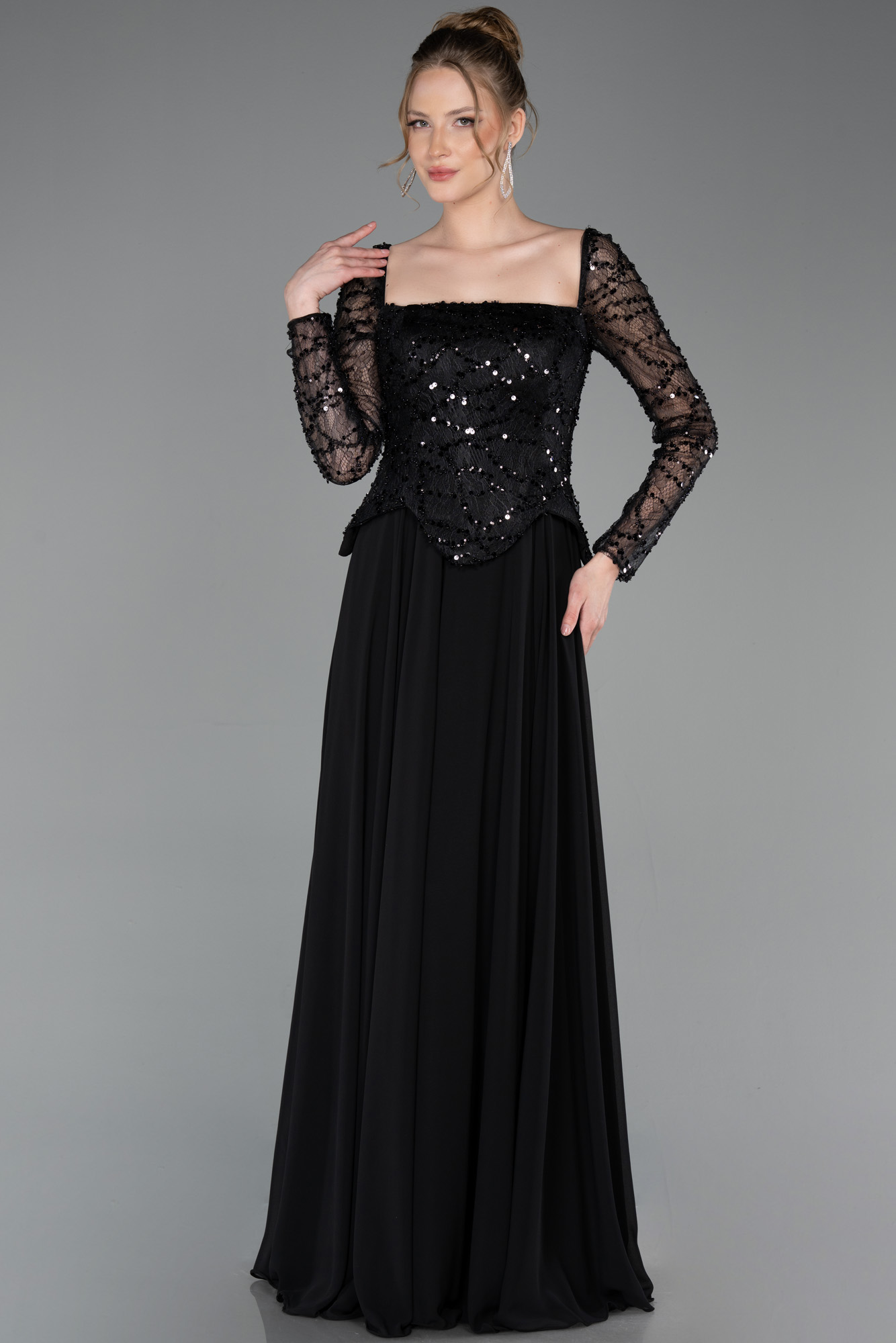 Pullu Kare Yaka Uzun Kol Peplum Şifon Abiye ABU6157