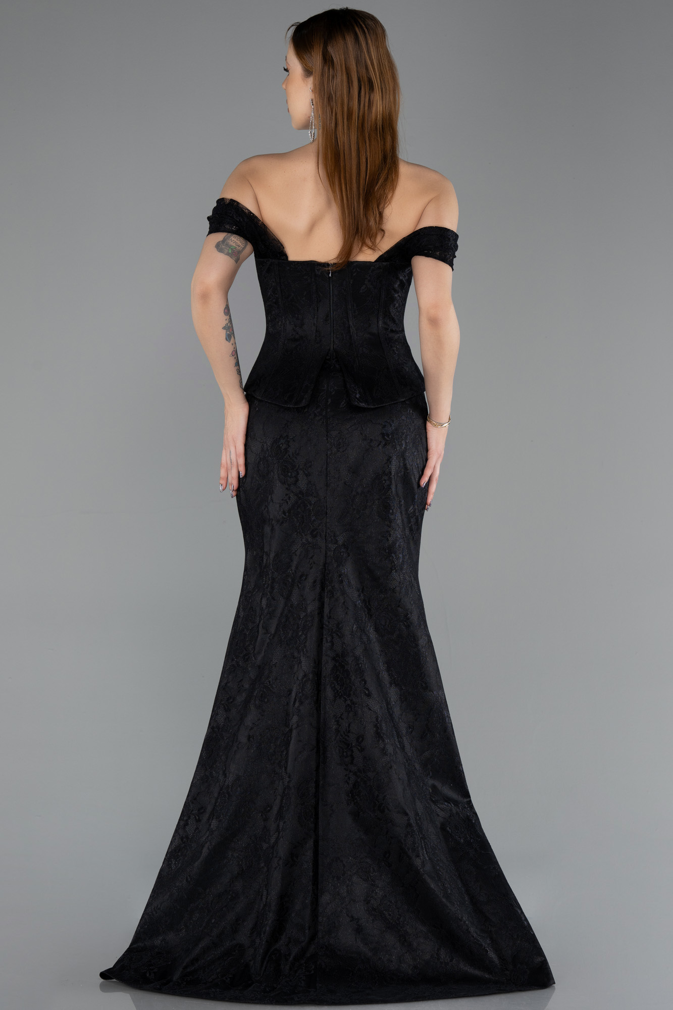 Kayık Yaka Peplum Kesim Uzun Dantel Abiye Elbise ABU5609 2