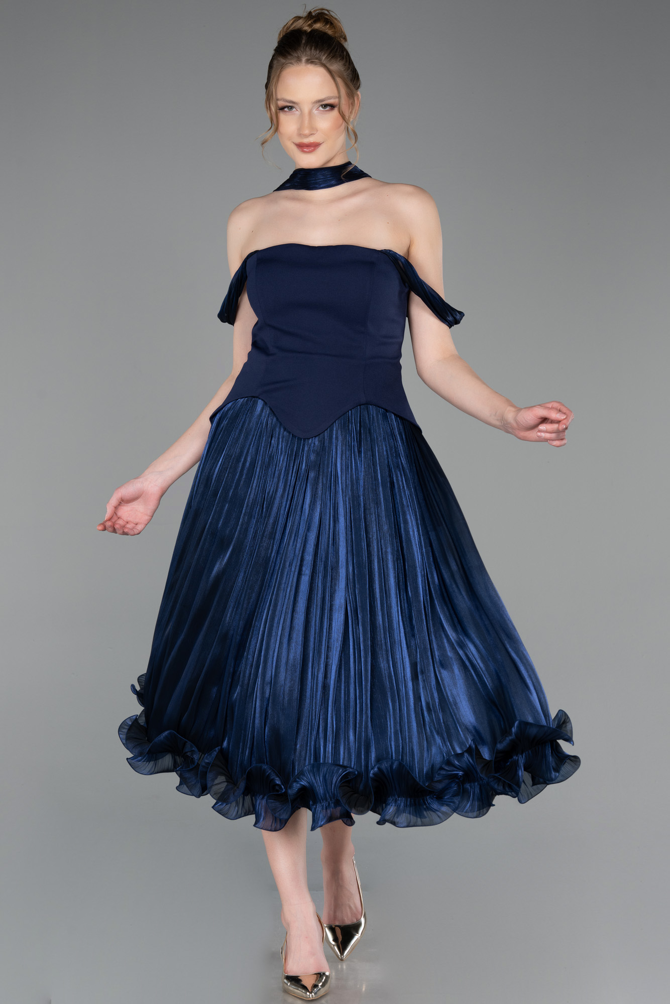 Omuz Dekolteli Peplum Midi Şifon Davet Elbisesi ABK2619 3