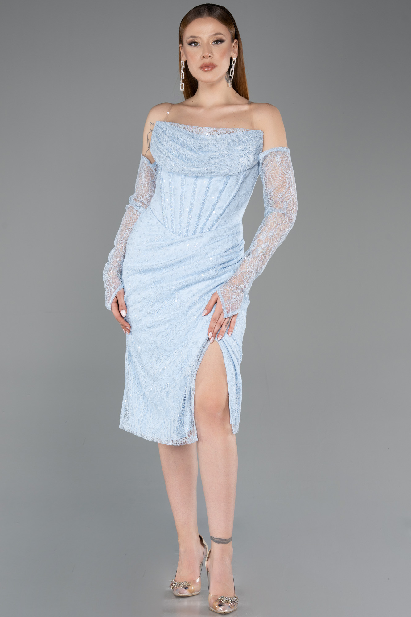 Drapeli Straplez Yaka Midi Dantel Davet Elbisesi ABK2558 2