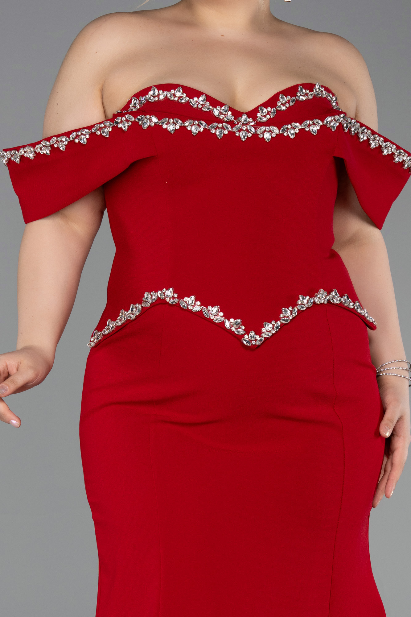 Taş İşlemeli Peplum Uzun Büyük Beden Abiye ABU6199 3