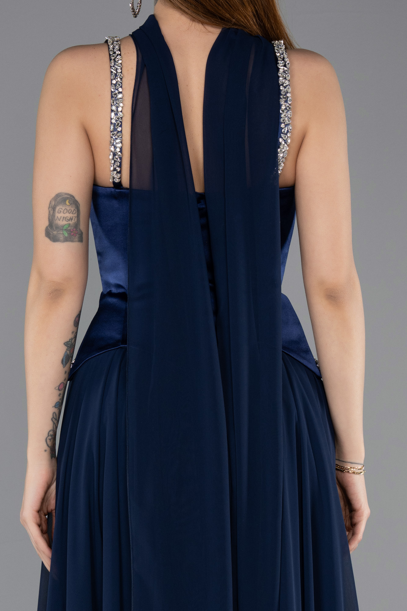 Taşlı Askılı Saten Peplum Şallı Uzun Şifon Abiye ABU5619 4