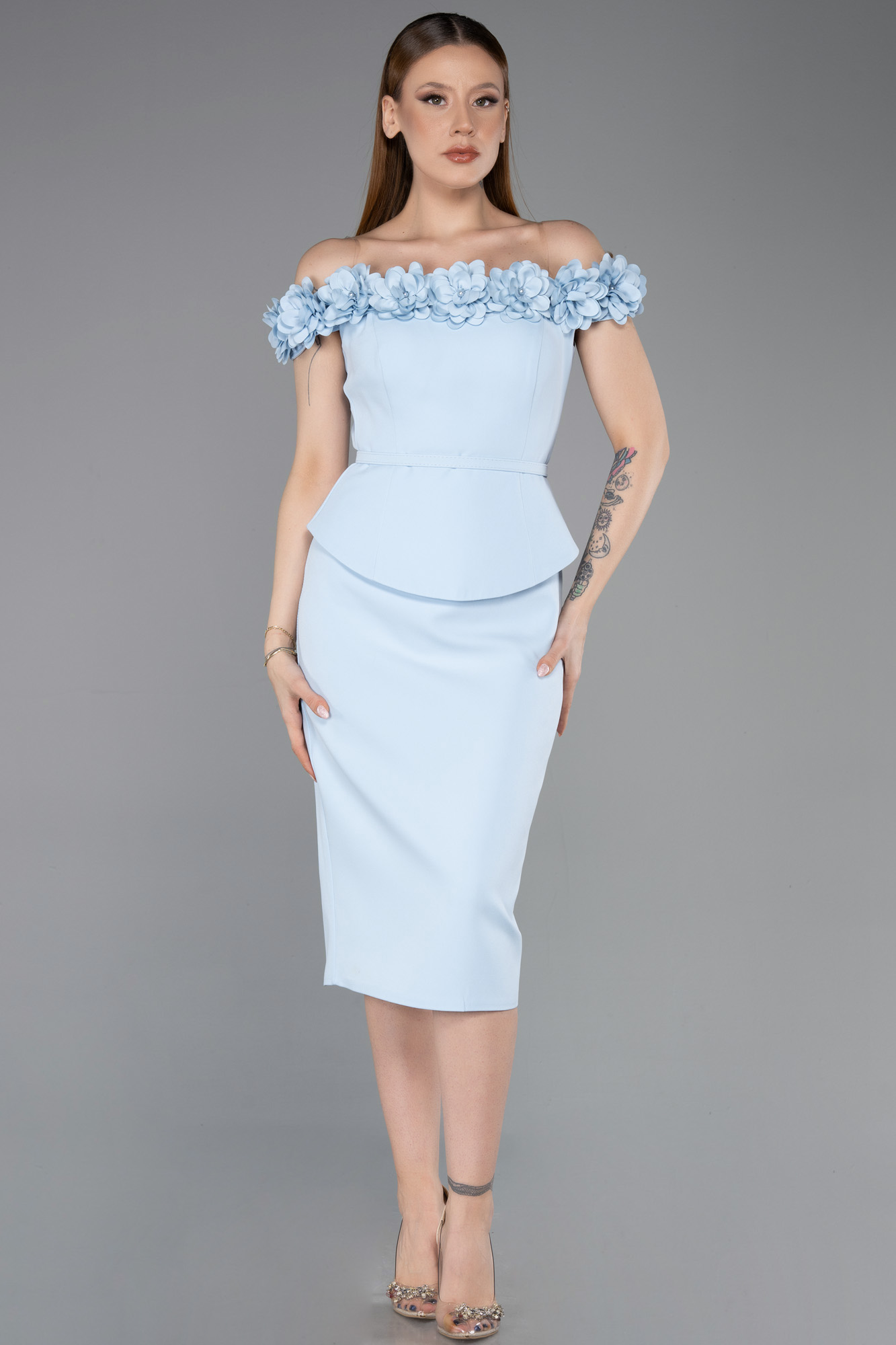 Çiçekli Kayık Yaka Peplum Midi Kalem Abiye Elbise ABK2583 3