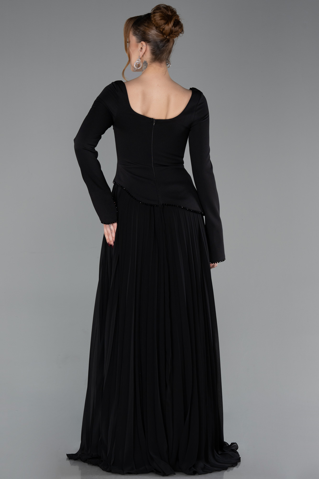 Uzun Kol Kare Yaka Peplum Şifon Abiye Elbise ABU6088 2