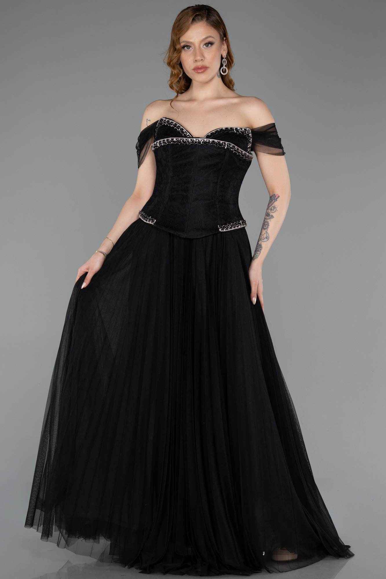 Taş İşlemeli Straplez Peplum Uzun Dantel Abiye ABU5996