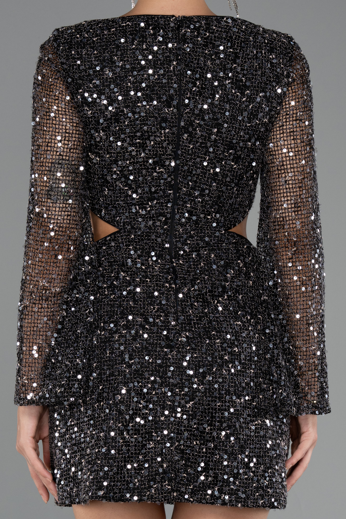 Uzun Kol Cut Out Pullu Mini Gece Elbisesi ABK2438 4