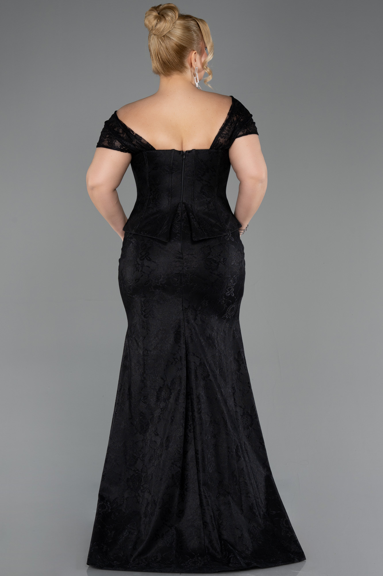 Kayık Yaka Peplum Uzun Dantel Büyük Beden Abiye ABU5824 2
