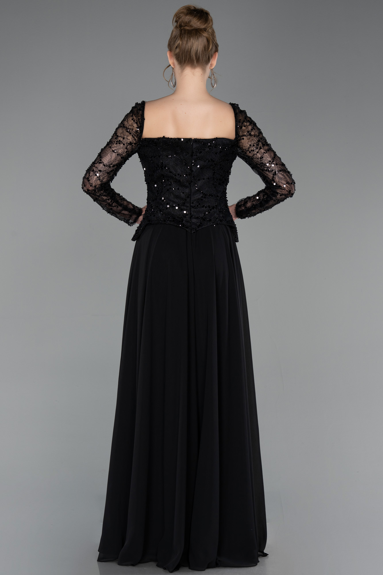 Pullu Kare Yaka Uzun Kol Peplum Şifon Abiye ABU6157 2