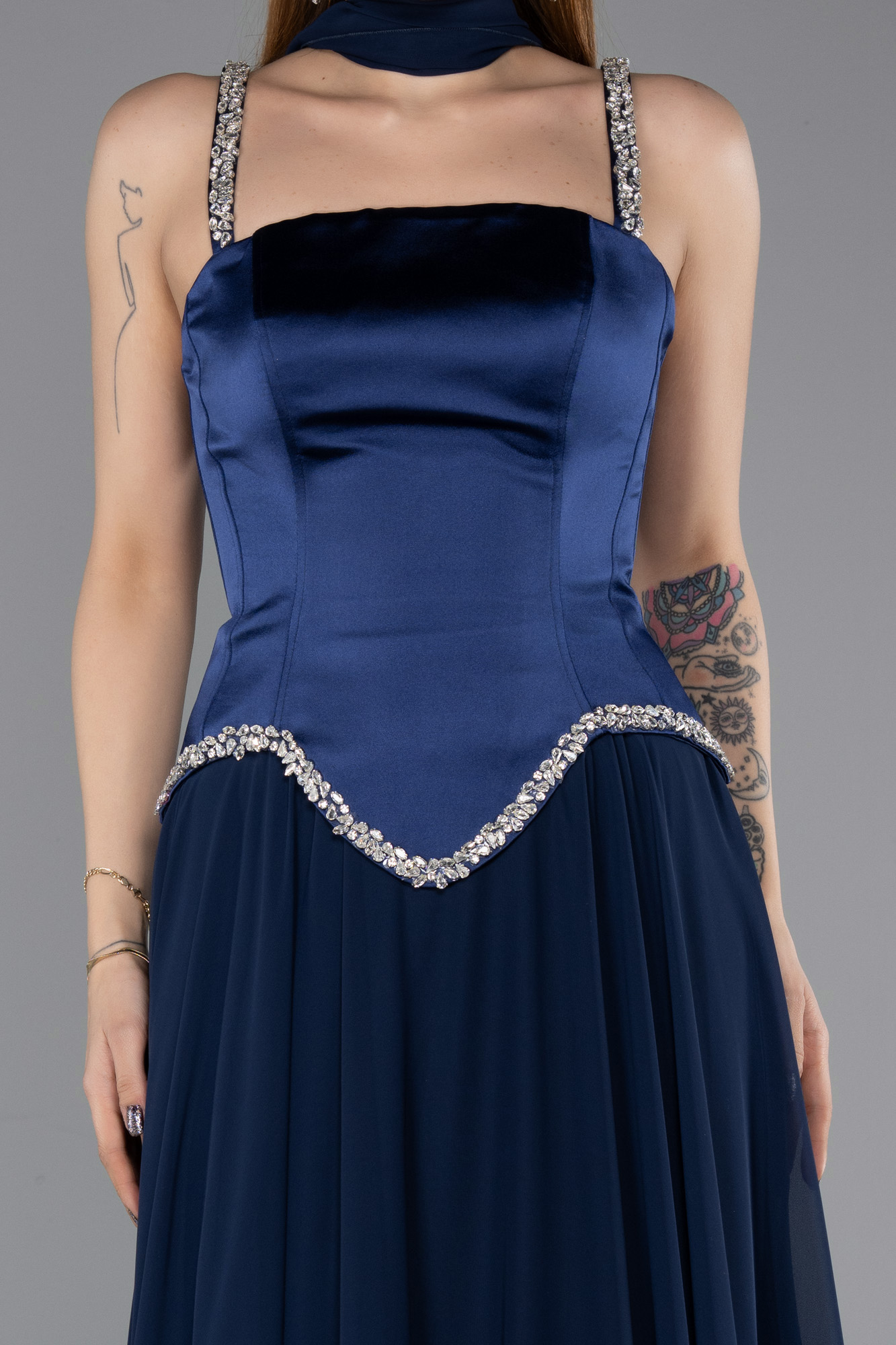 Taşlı Askılı Saten Peplum Şallı Uzun Şifon Abiye ABU5619 3