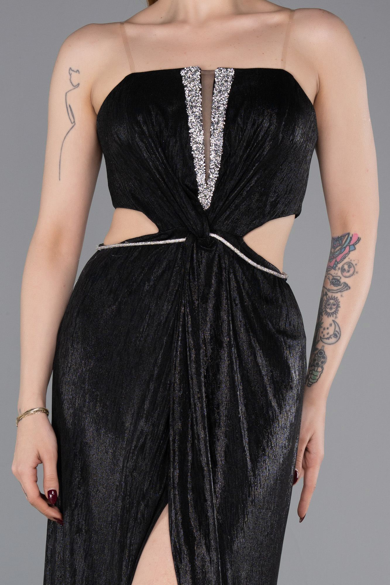 Straplez Cut Out Uzun Simli Mezuniyet Elbisesi ABU6127 3