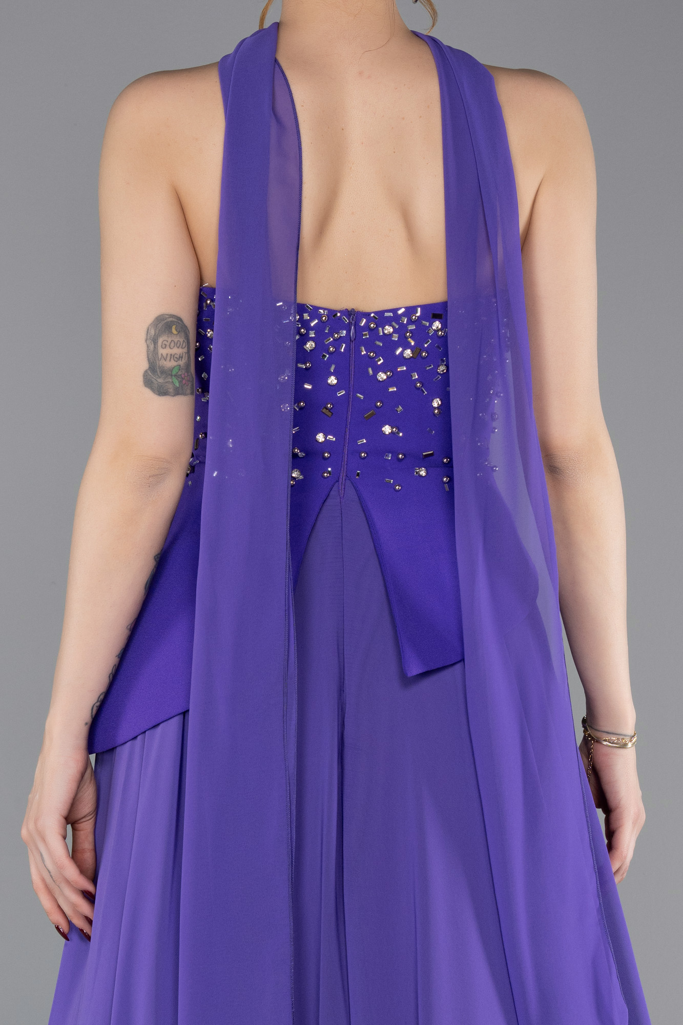Taşlı Straplez Peplum Yırtmaçlı Uzun Şifon Abiye ABU6018 4