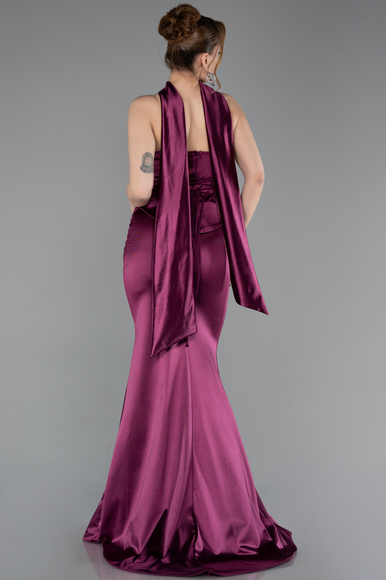 Taşlı Straplez Peplum Uzun Saten Mezuniyet Elbise ABU6079 2