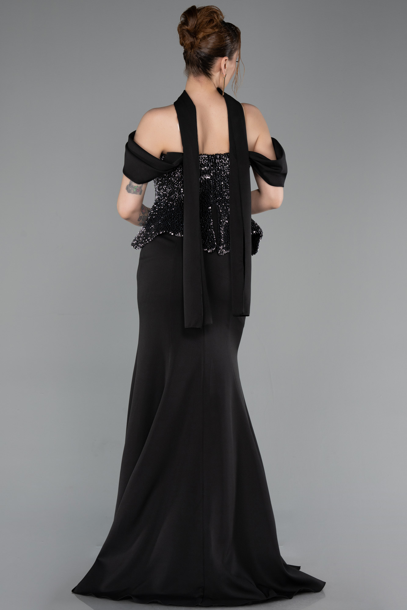 Üstü Pullu Kayık Yaka Peplum Uzun Abiye ABU6094 2