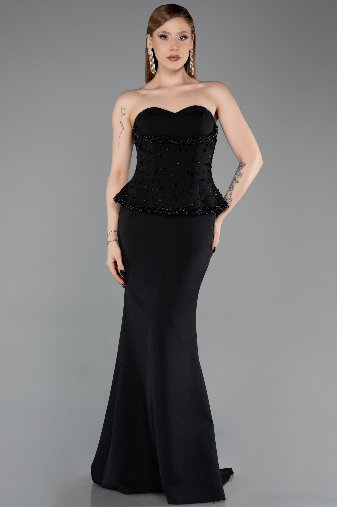 Straplez Taşlı Peplum Uzun Balık Abiye Elbise ABU6192