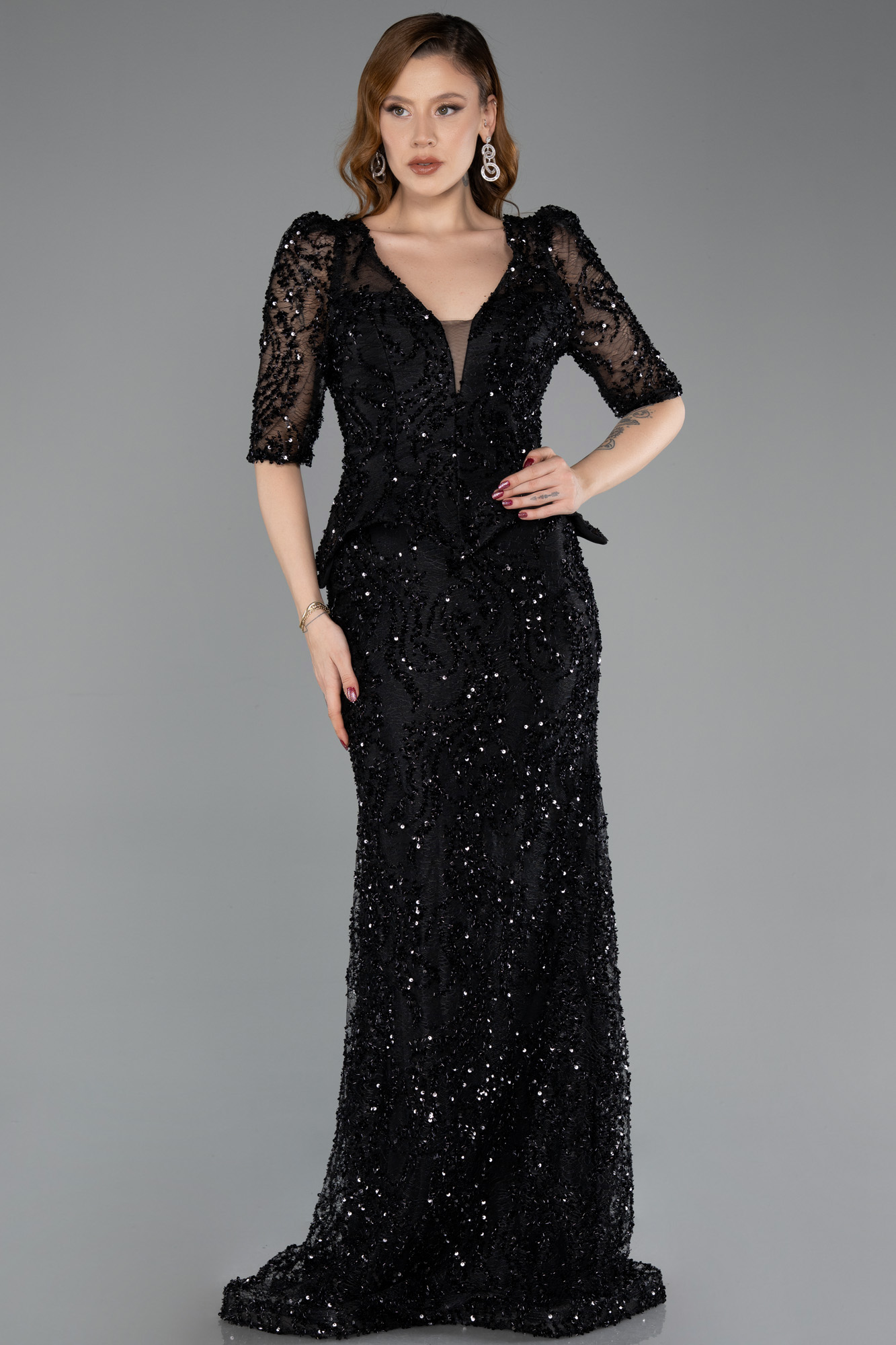 Kısa Kol V Yaka Peplum Uzun Pullu Abiye Elbise ABU5621 2