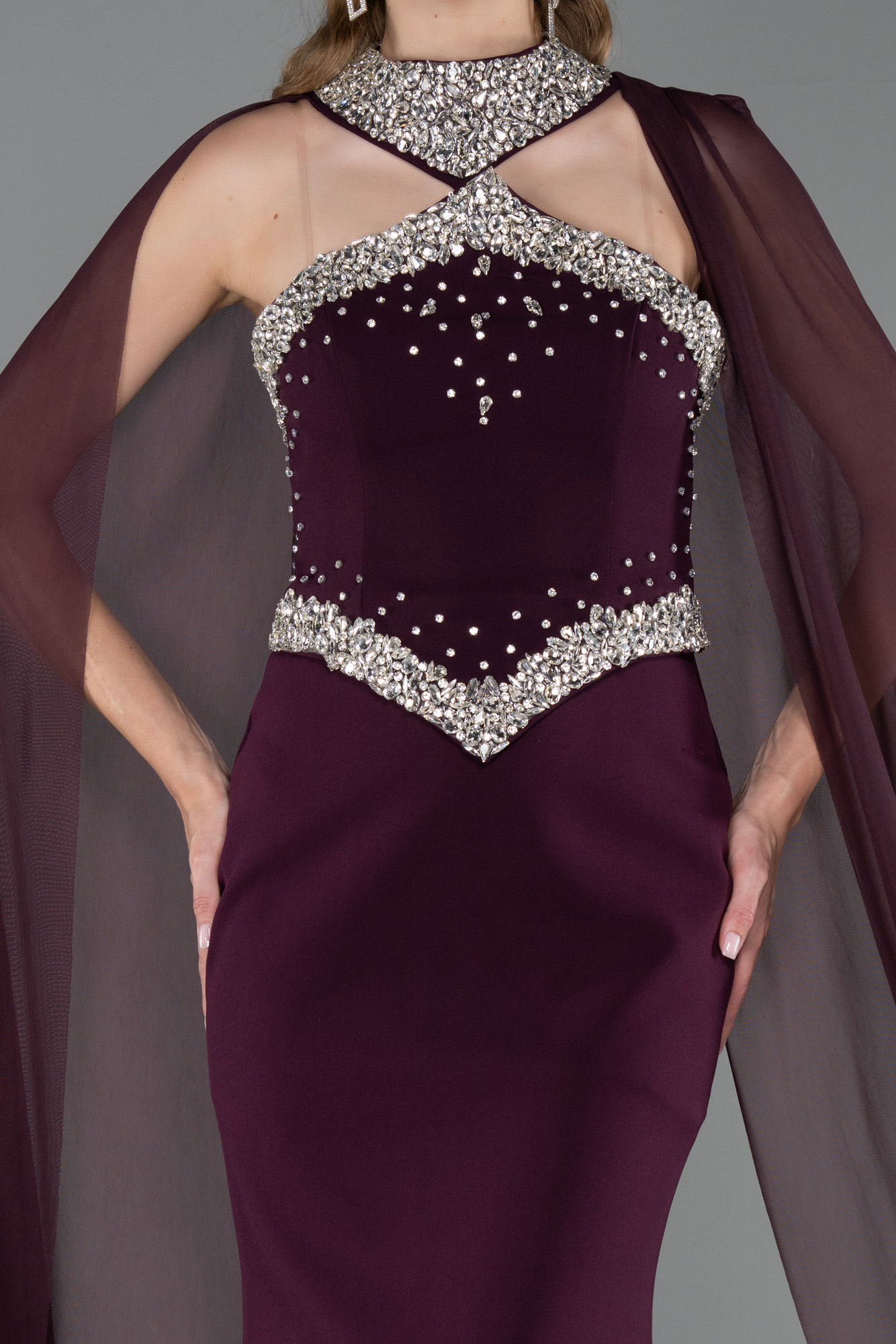Taşlı Straplez Yaka Peplum Uzun Balık Abiye Elbise ABU5866 4