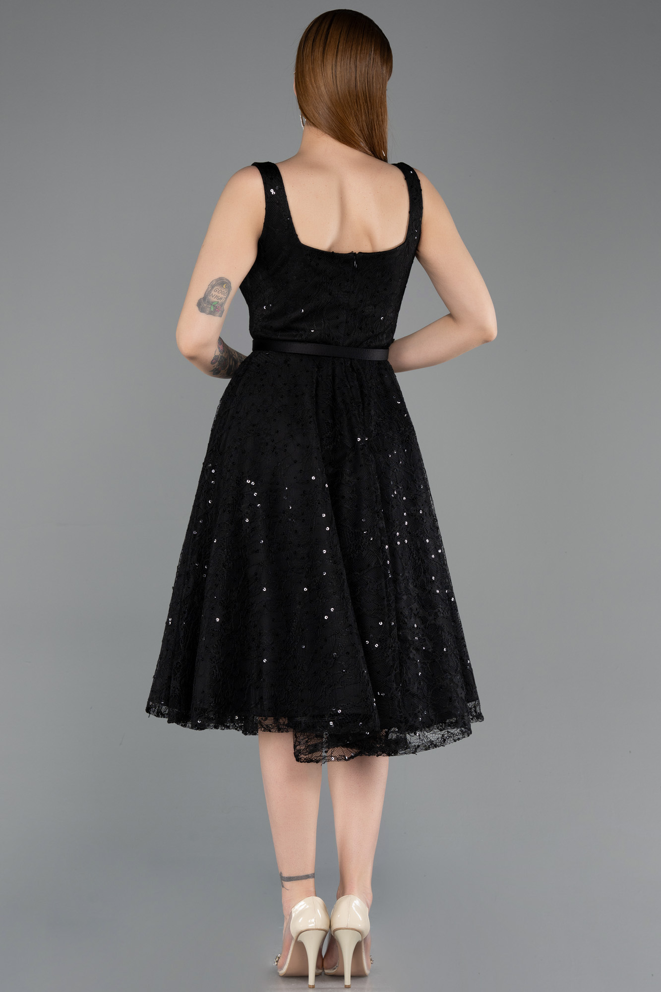Kolsuz Kare Yaka Pullu Midi Dantel Gece Elbisesi ABK2549 2