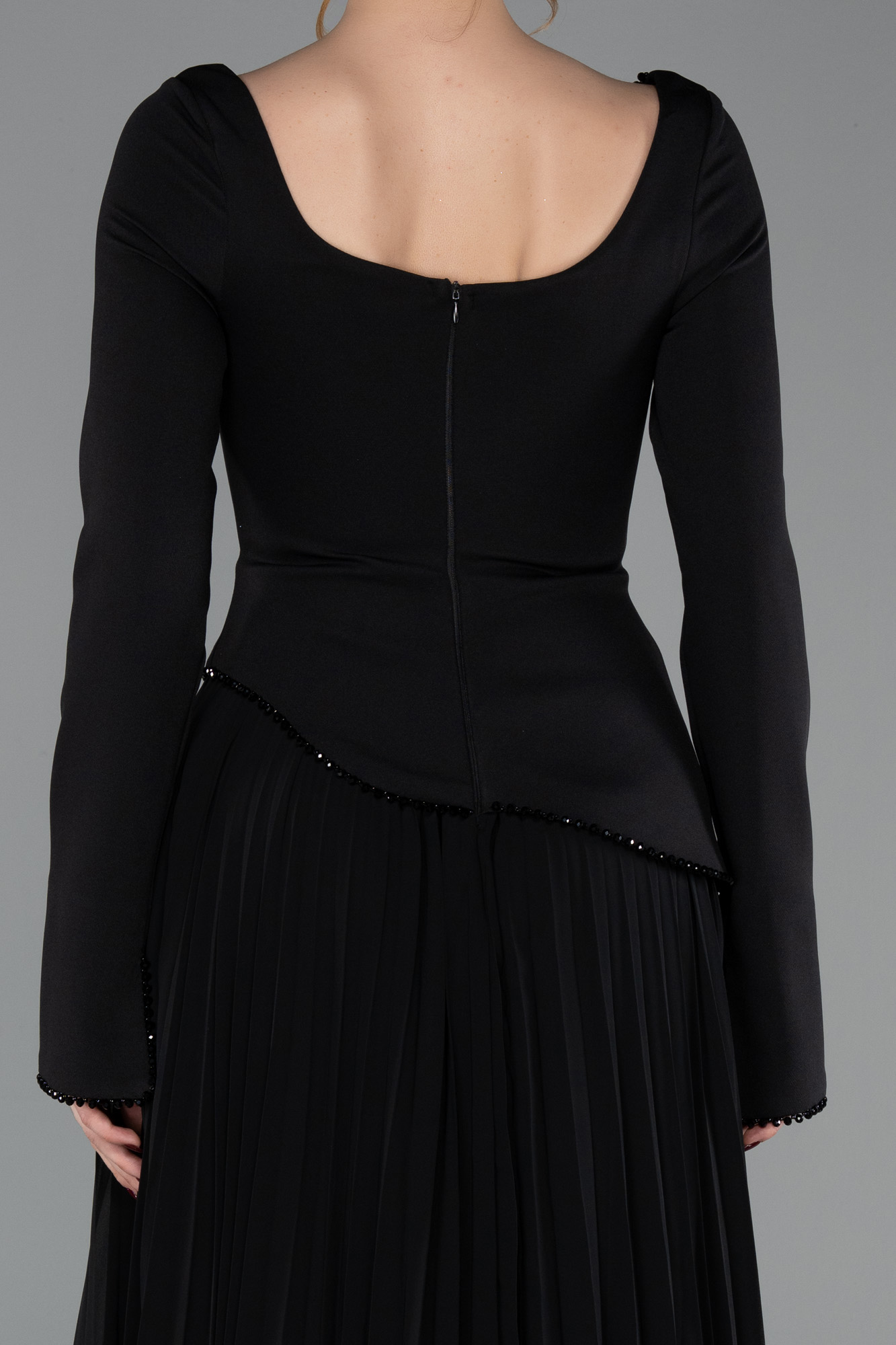 Uzun Kol Kare Yaka Peplum Şifon Abiye Elbise ABU6088 4