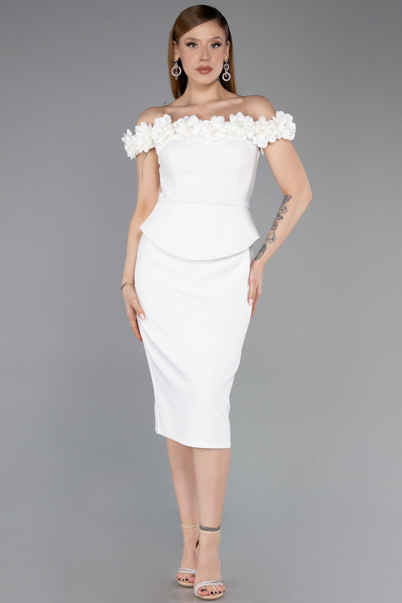 Çiçekli Kayık Yaka Peplum Midi Kalem Abiye Elbise ABK2583 4