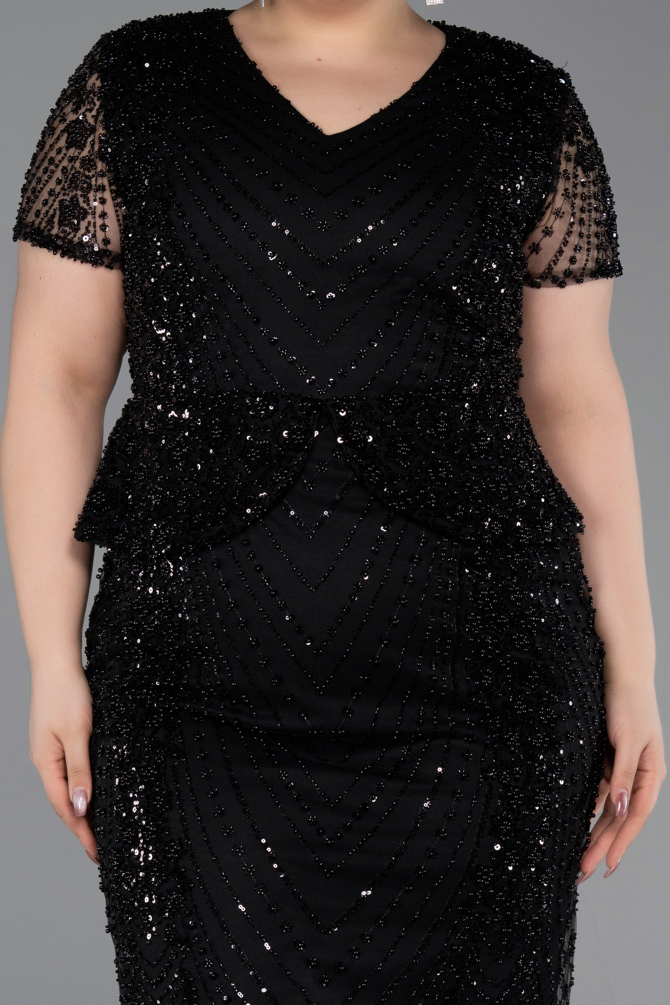 Kısa Kol Boncuklu Peplum Büyük Beden Abiye Elbise ABK2584 4