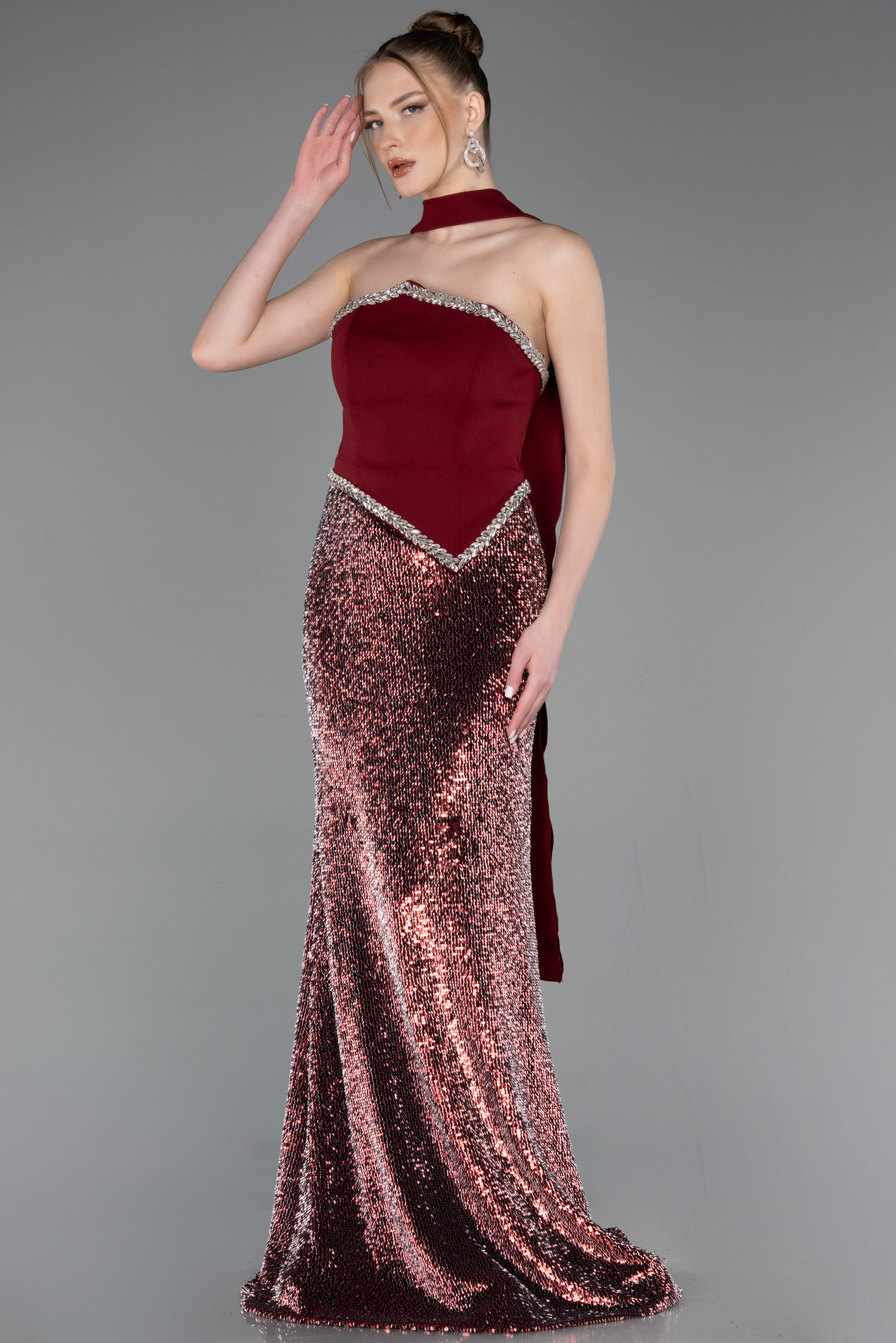 Asimetrik Straplez Peplum Uzun Pullu Balık Abiye ABU5703 2