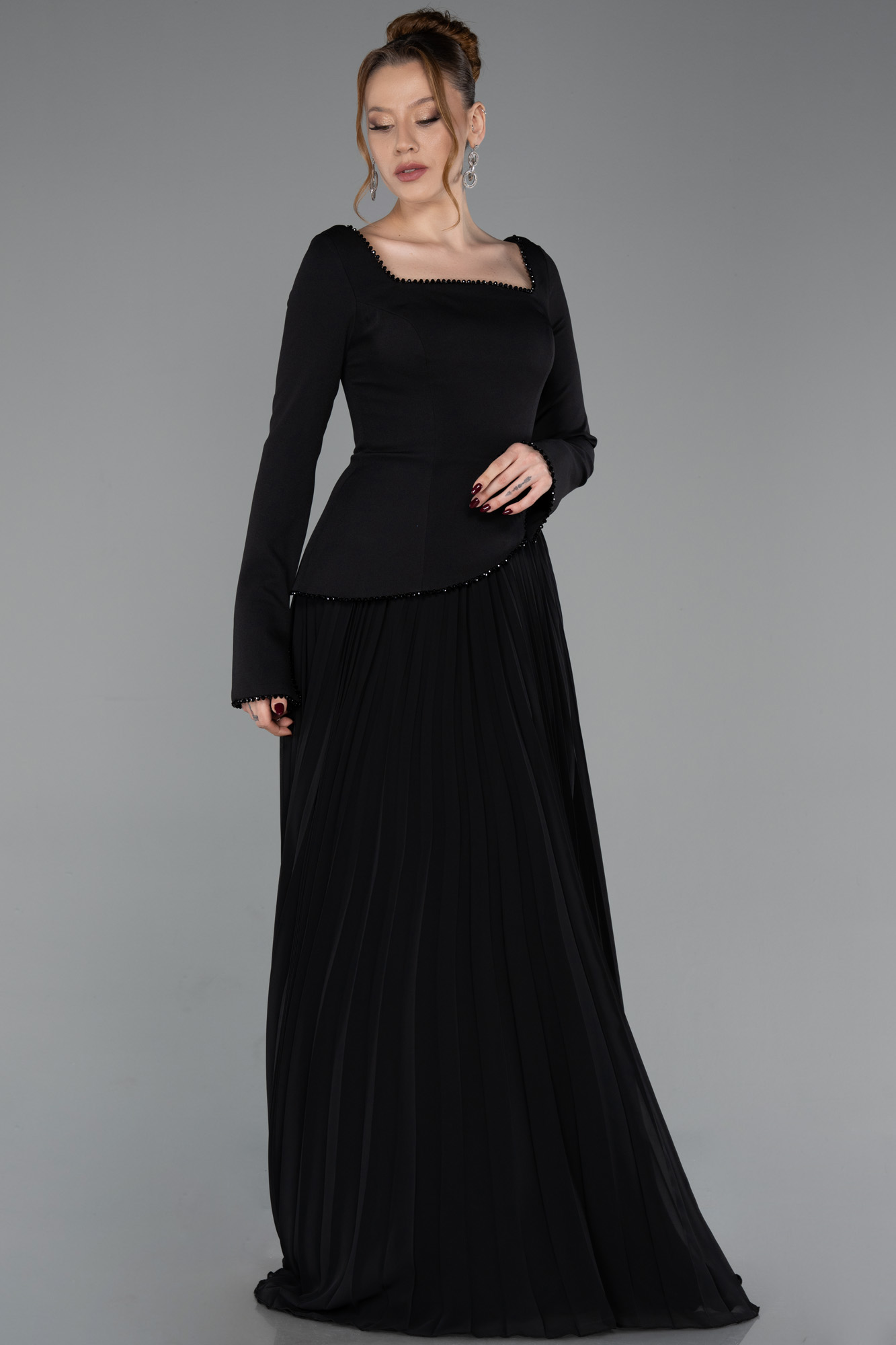 Uzun Kol Kare Yaka Peplum Şifon Abiye Elbise ABU6088