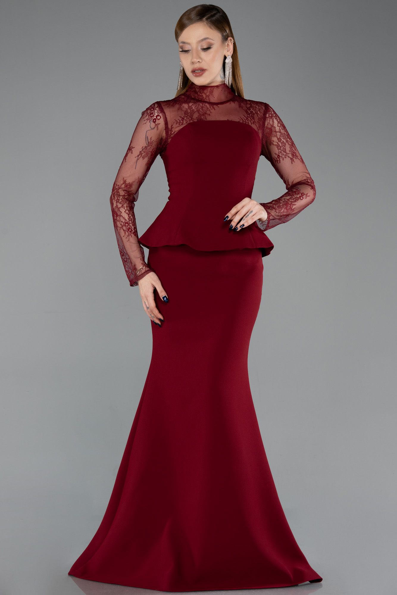 Dantelli Uzun Kol Peplum Balık Abiye Elbise ABU6194